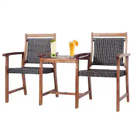 Kadyn - 2-Seat Patio Rattan Acacia Wood Chair, Outdoor Furniture Garden Conversation Bistro Sets with Coffee Table - Brown