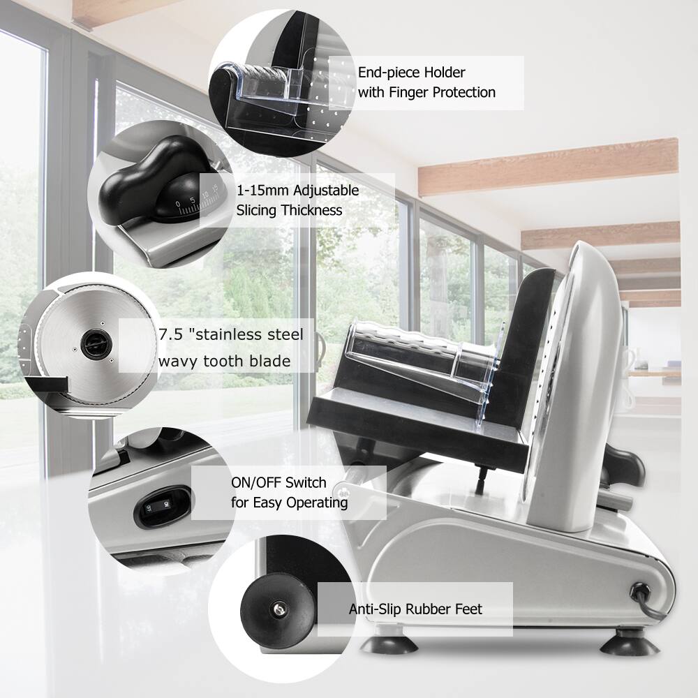 End-piece Holder with Finger Protection

1-15mm Adjustable Slicing Thickness

7.5" stainless steel wavy tooth blade

ON/OFF Switch for Easy Operating

Anti-Slip Rubber Feet