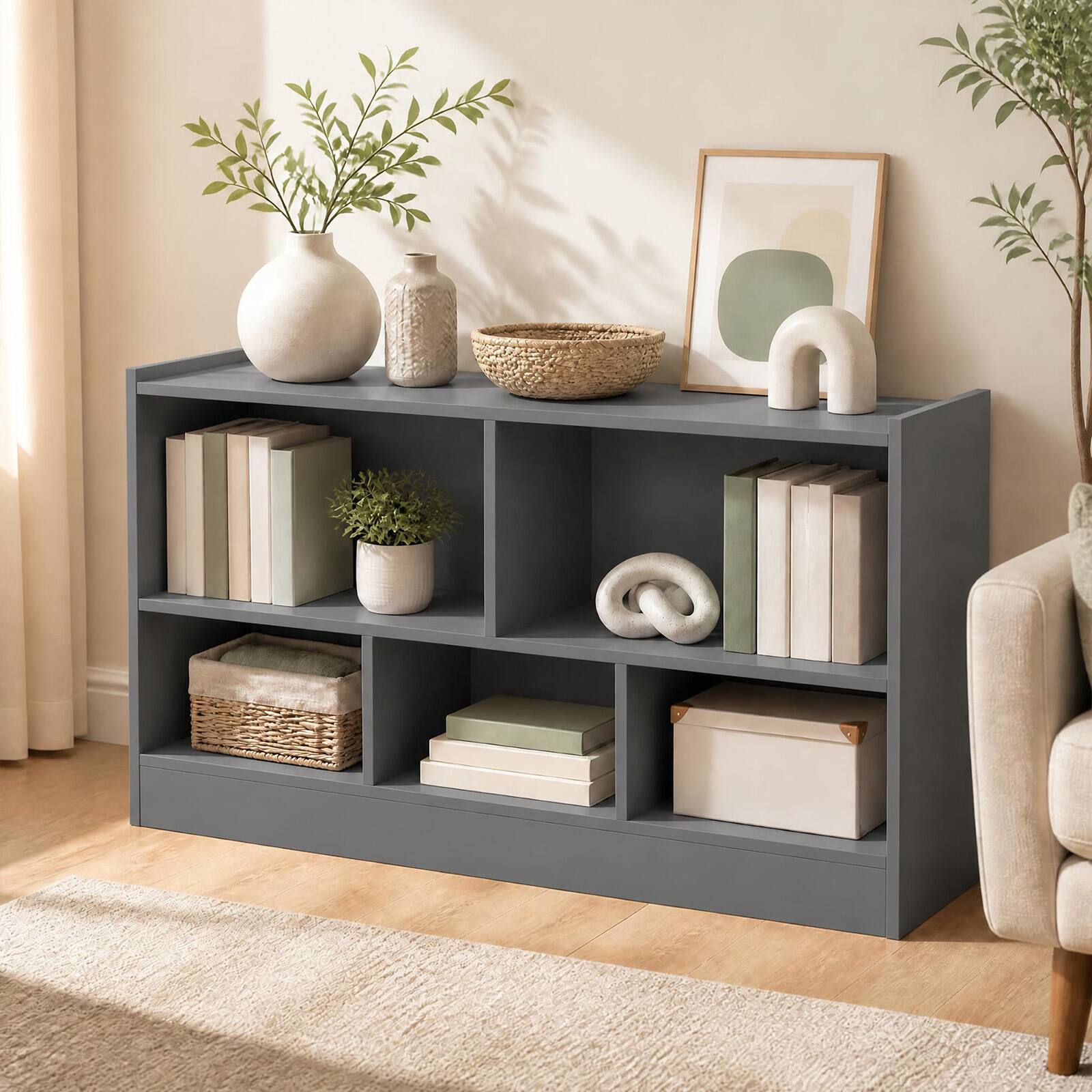 Alt View 1. Costway - Costway Kids 2-Shelf Bookcase 5-Cube Wood Toy Storage Cabinet w/ Shelves Grey - Gray.