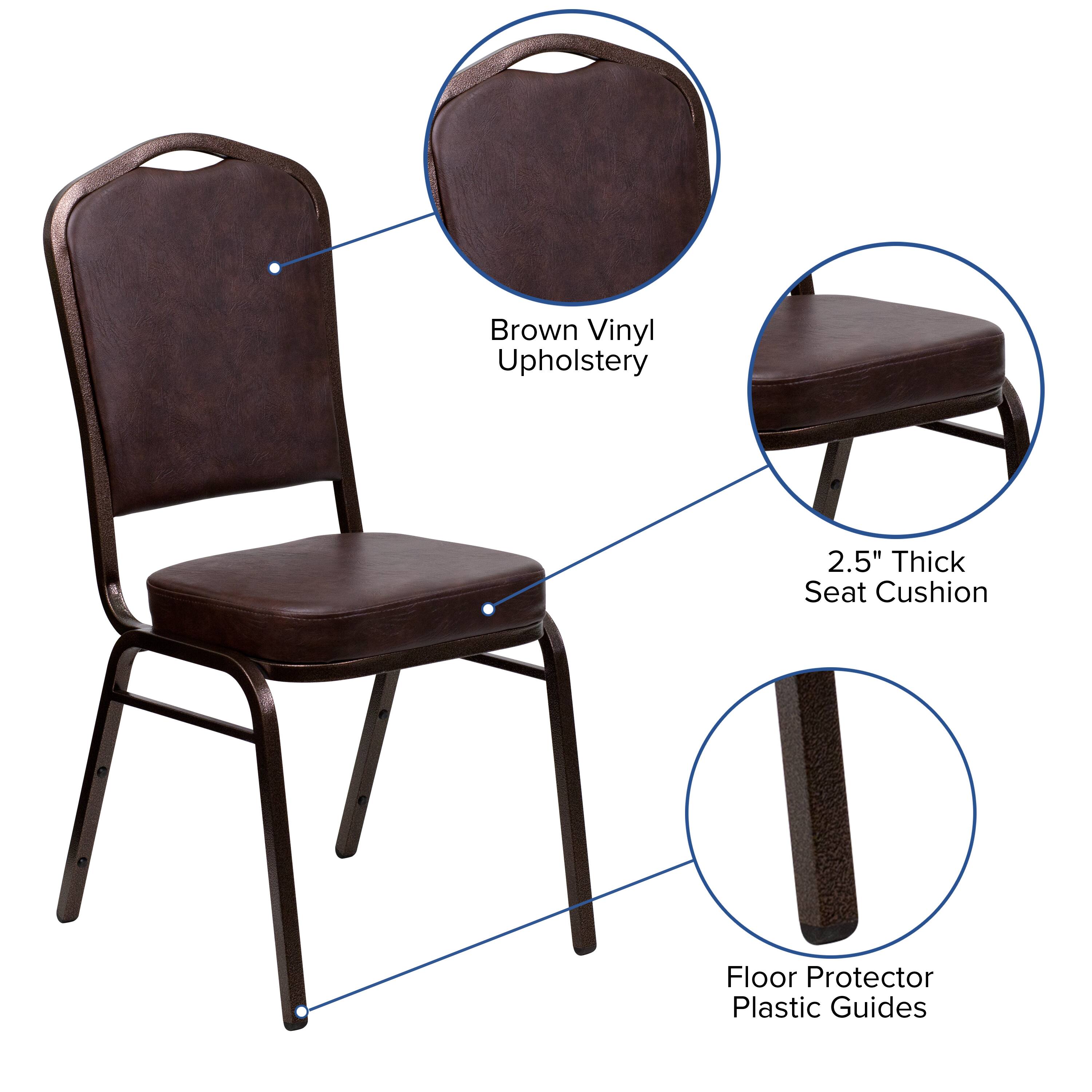 Brown Vinyl Upholstery  
2.5" Thick Seat Cushion  
Floor Protector Plastic Guides
