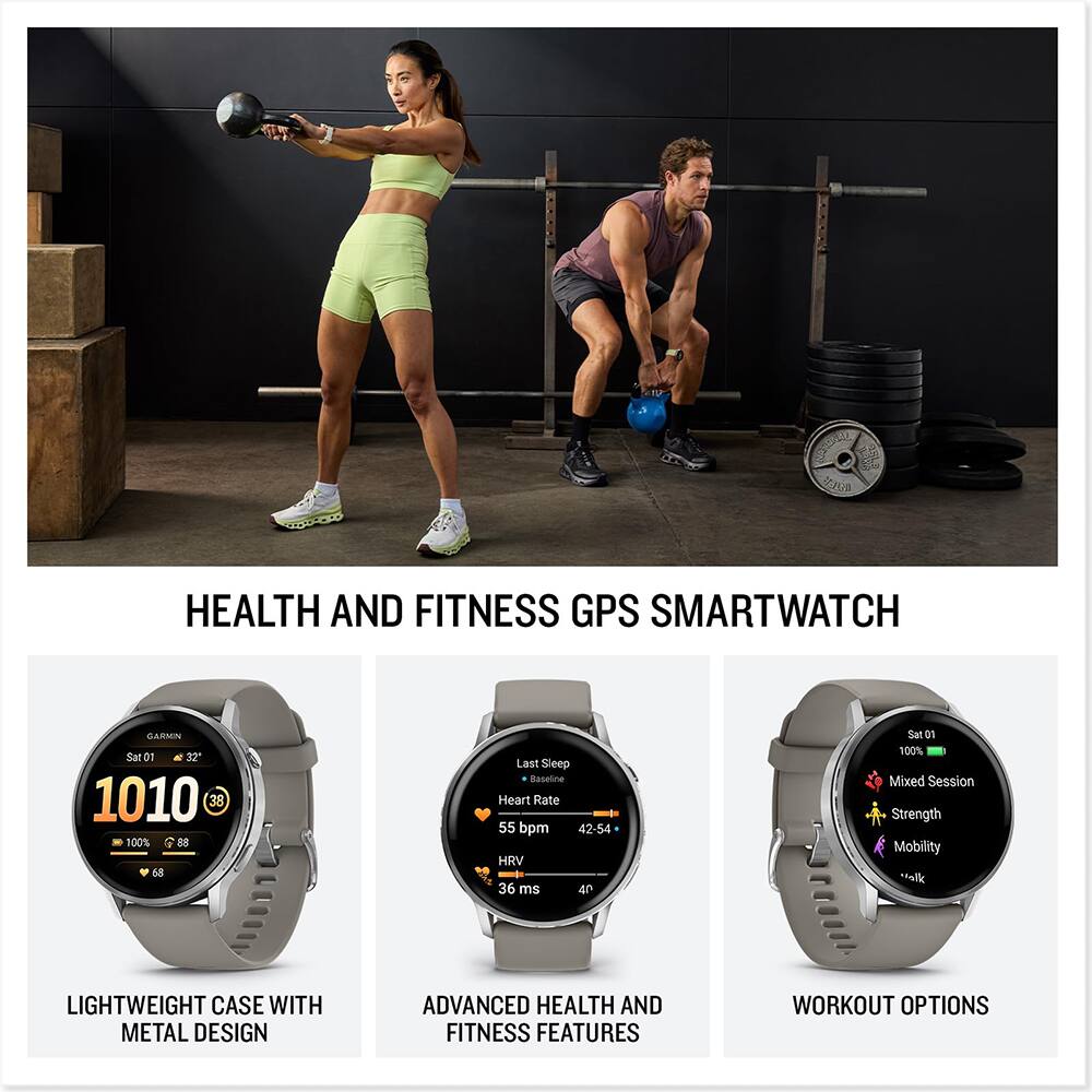**HEALTH AND FITNESS GPS SMARTWATCH**

- **LIGHTWEIGHT CASE WITH METAL DESIGN**
- **ADVANCED HEALTH AND FITNESS FEATURES**
- **WORKOUT OPTIONS**

**Sat 01**
- **10:10**
- **32°**
- **1010**
- **38**
- **100%**
- **88**
- **68**

**Last Sleep Baseline**
- **Heart Rate:** 55 bpm (42-54)
- **HRV:** 36 ms

**Mixed Session**
- **Strength**
- **Mobility**
- **Walk**