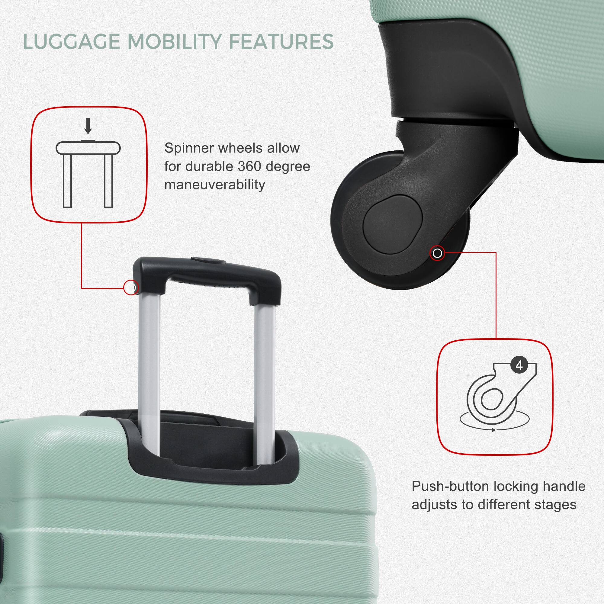 LUGGAGE MOBILITY FEATURES

Spinner wheels allow for durable 360 degree maneuverability

Push-button locking handle adjusts to different stages
