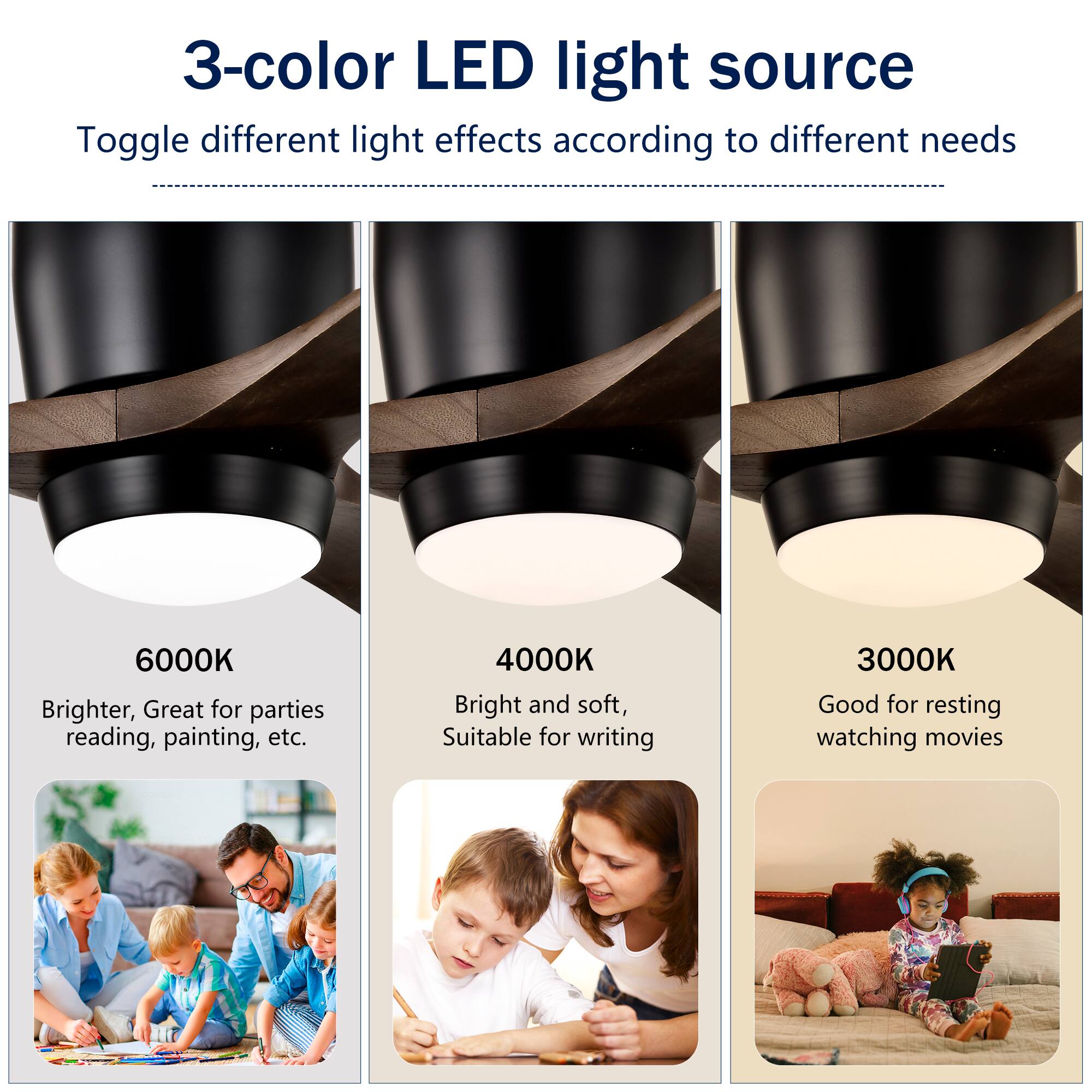3-color LED light source  
Toggle different light effects according to different needs  

6000K  
Brighter, Great for parties, reading, painting, etc.  

4000K  
Bright and soft, Suitable for writing  

3000K  
Good for resting, watching movies