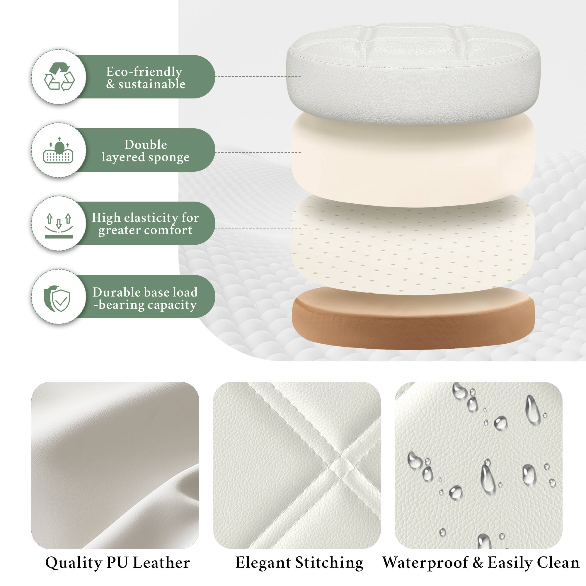 - Eco-friendly & sustainable
- Double layered sponge
- High elasticity for greater comfort
- Durable base load-bearing capacity
- Quality PU Leather
- Elegant Stitching
- Waterproof & Easily Clean