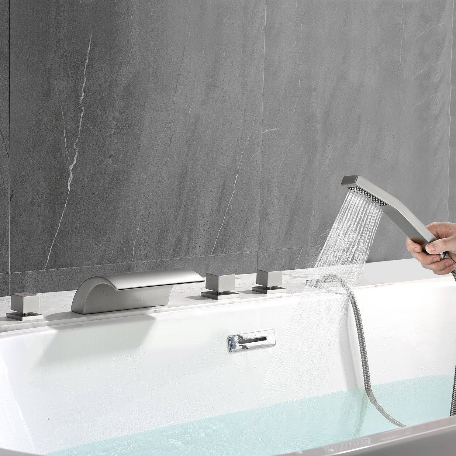 Alt View 8. Boyel Living - Brushed Nickel Cold and Hot Water Five Hole Installation Waterfall Bath Tub Faucet with Handheld Shower - Brushed Nickel.