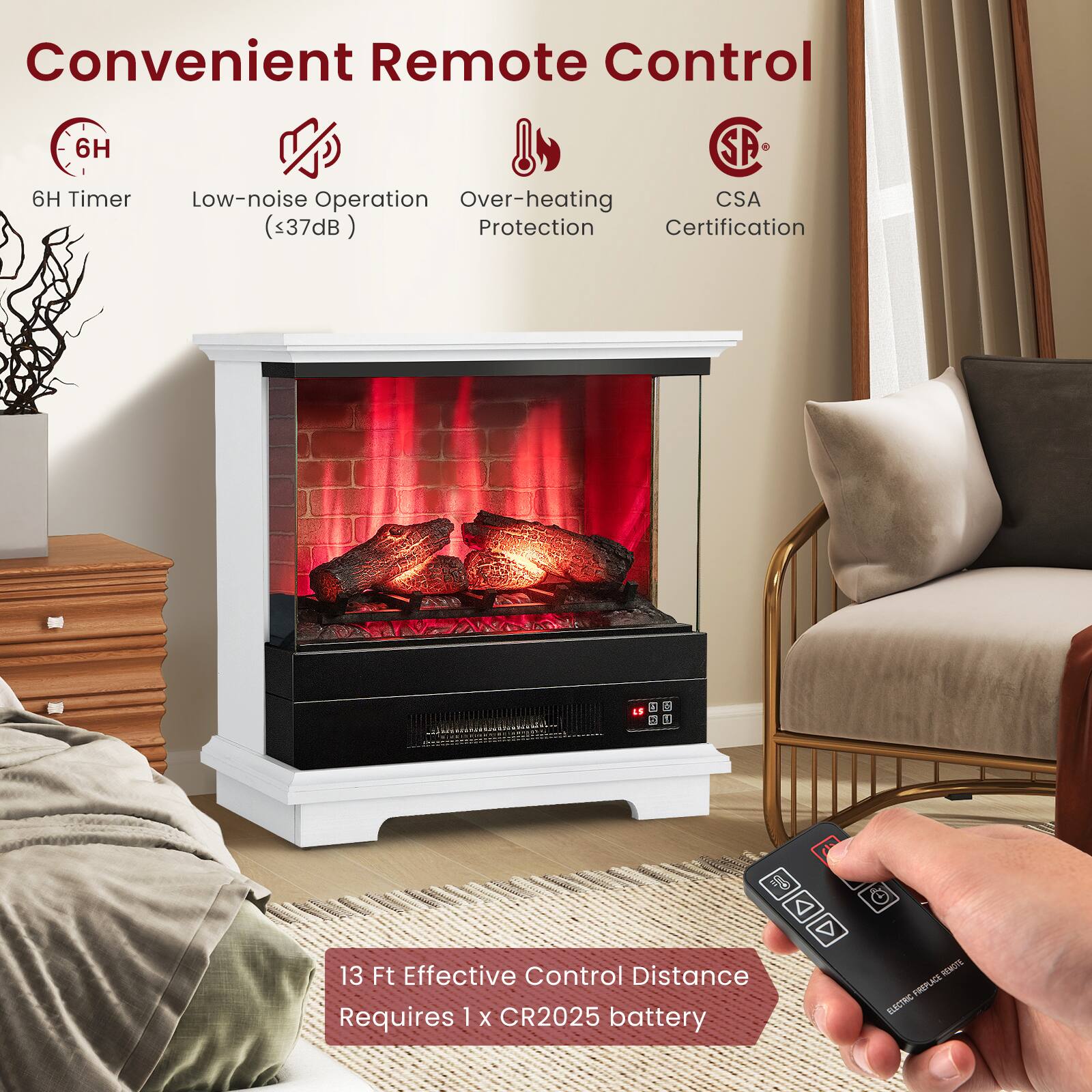 Convenient Remote Control, 6H Timer, Low-noise Operation (≤37dB), Over-heating Protection, CSA Certification, 13 Ft Effective Control Distance, Requires 1 x CR2025 battery.