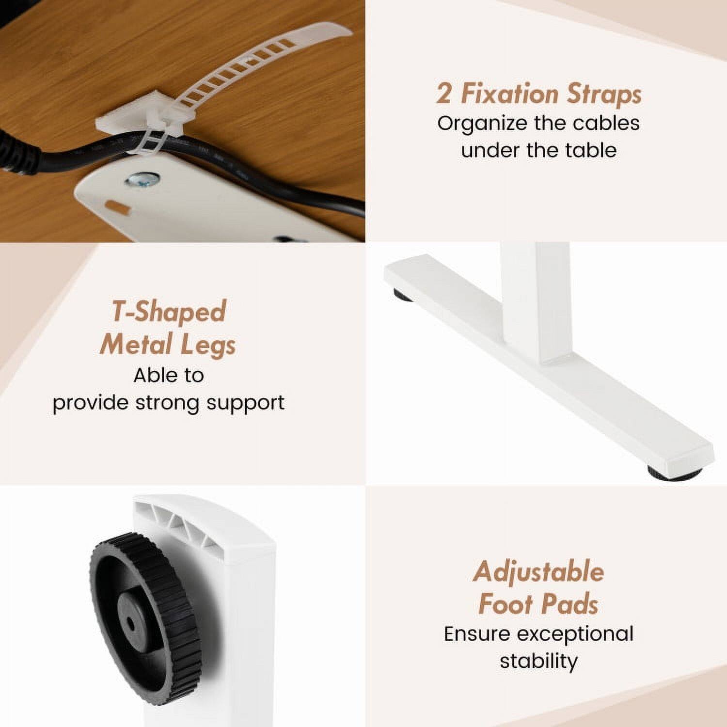 - 2 Fixation Straps  
  Organize the cables under the table

- T-Shaped Metal Legs  
  Able to provide strong support

- Adjustable Foot Pads  
  Ensure exceptional stability