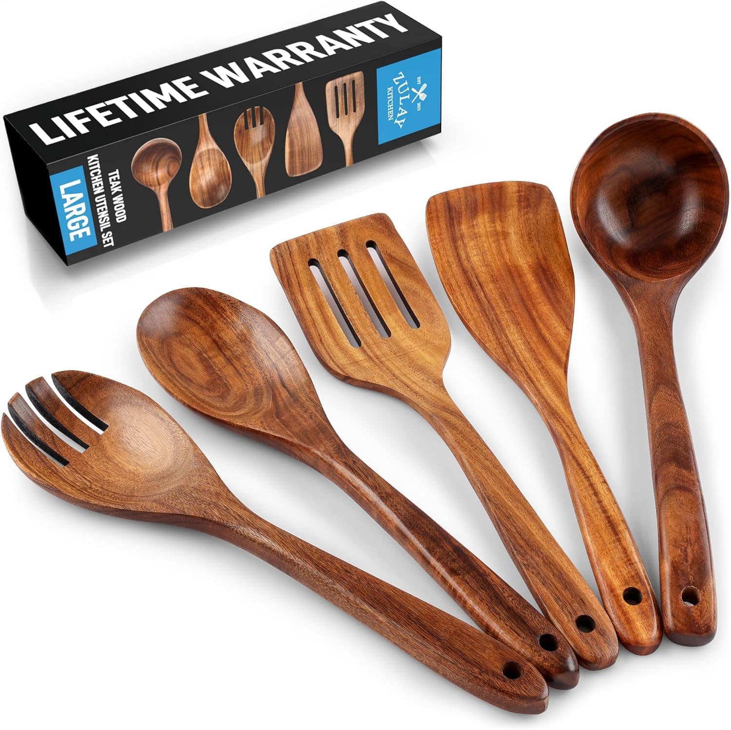 Zulay Kitchen - Extra-Large 5-Piece Wooden Spoon Set - Smooth Teak Cooking Utensils