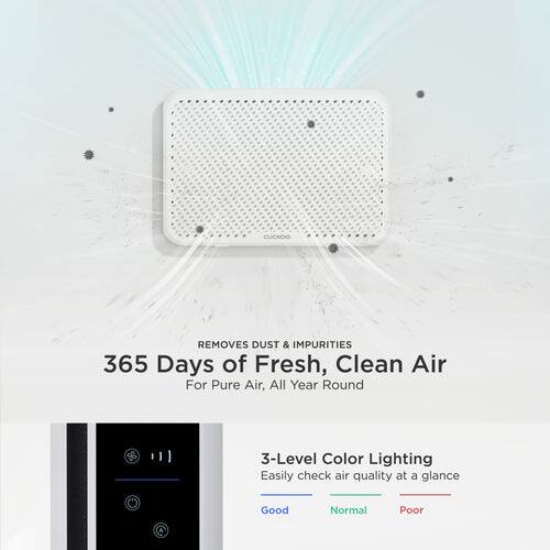 **CUCKOO REMOVES DUST & IMPURITIES**

**365 Days of Fresh, Clean Air**  
For Pure Air, All Year Round

**3-Level Color Lighting**  
Easily check air quality at a glance

- Good
- Normal
- Poor