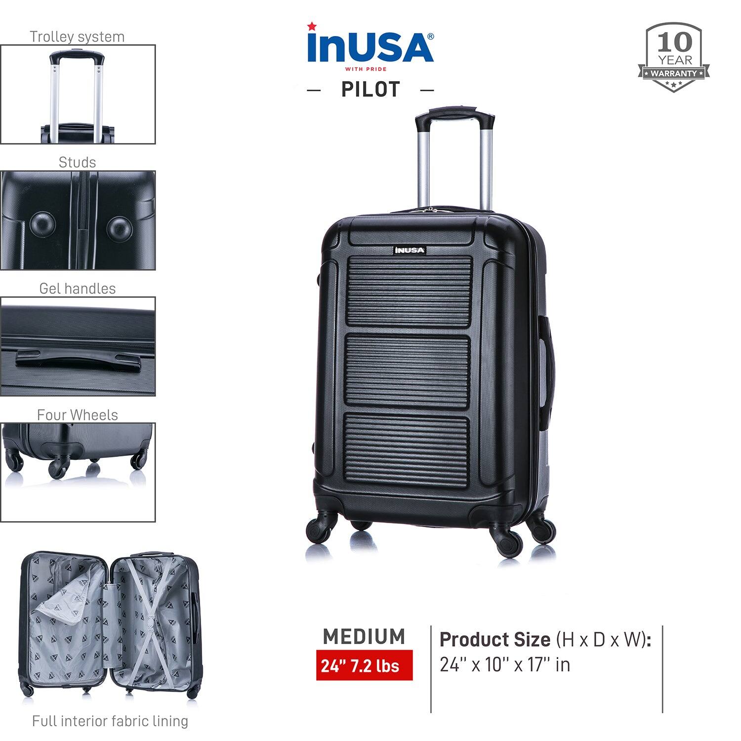 - **Trolley system**
- **Studs**
- **Gel handles**
- **Four Wheels**
- **Full interior fabric lining**

**INUSA**  
WITH PRIDE  
**PILOT**

**10 YEAR WARRANTY**

**MEDIUM**  
24" 7.2 lbs

**Product Size (H x D x W):**  
24" x 10" x 17" in