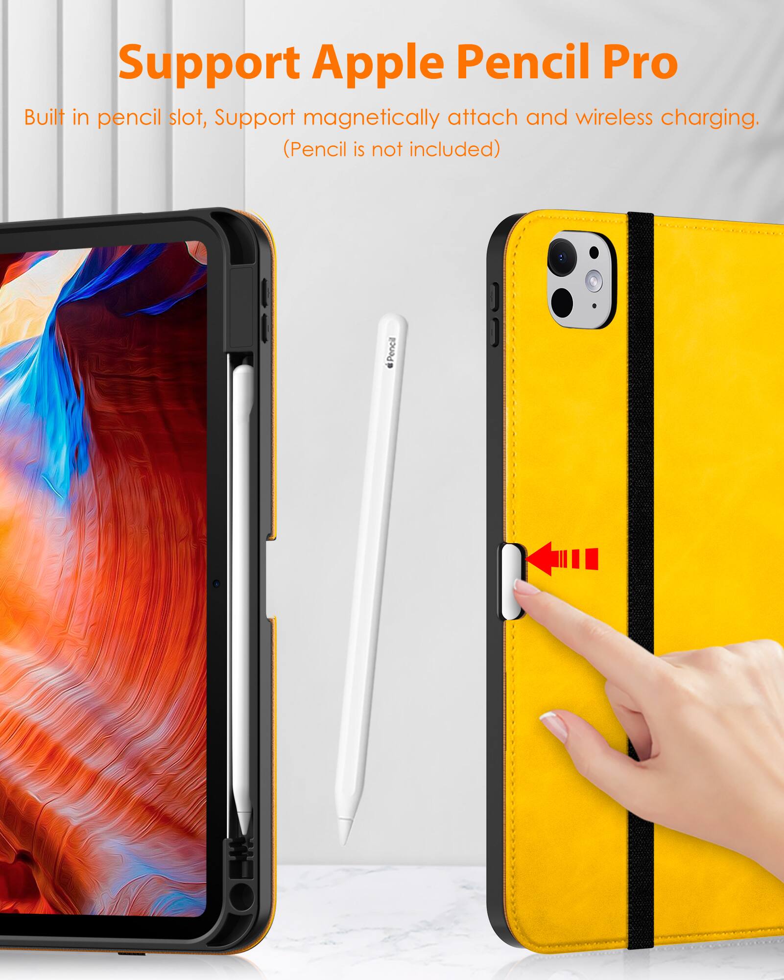 Support Apple Pencil Pro

Built in pencil slot, Support magnetically attach and wireless charging. (Pencil is not included)