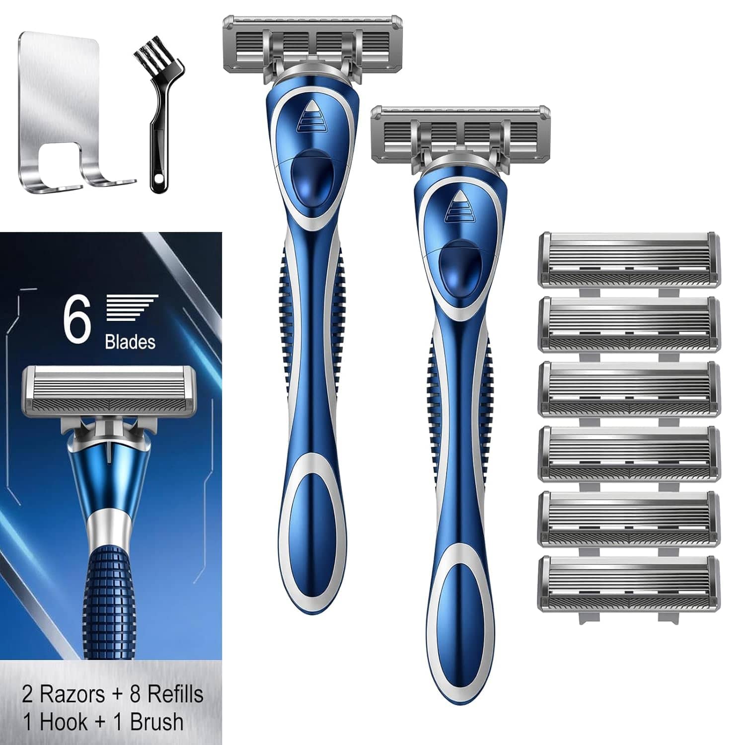 Dazzed Corner - 6-Blade Manual Razor for Men, 2 Non-Slip Handles, 8 Refills - Blue