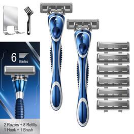 Dazzed Corner - 6-Blade Manual Razor for Men, 2 Non-Slip Handles, 8 Refills - Blue