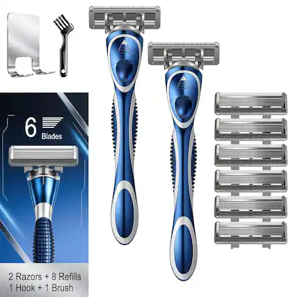 6 Blades
2 Razors + 8 Refills
1 Hook + 1 Brush