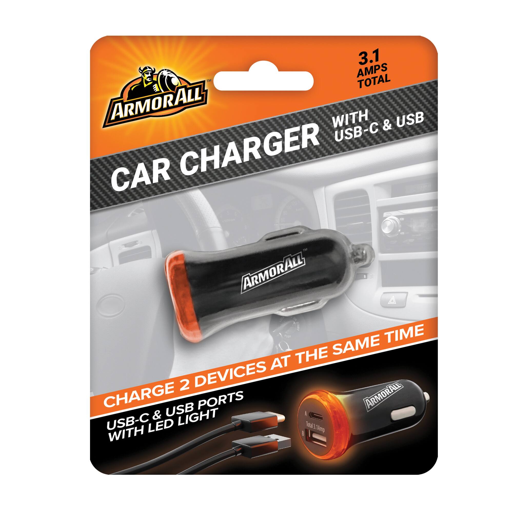 3.1 AMPS - TOTAL  
ARMORALL WITH USB & USB-C CAR CHARGER  
ARMORALL  
ALL TIME THE SAME AT 2 DEVICES CHARGE PORTS  
ARMORALL & USB LIGHT  
USB-C LED  
11mg  
3