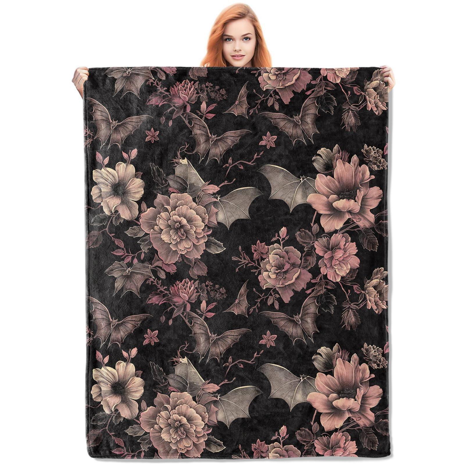 Dapper Styles Gothic Blanket Floral And Bat Flannel Throw Blankets Soft ...