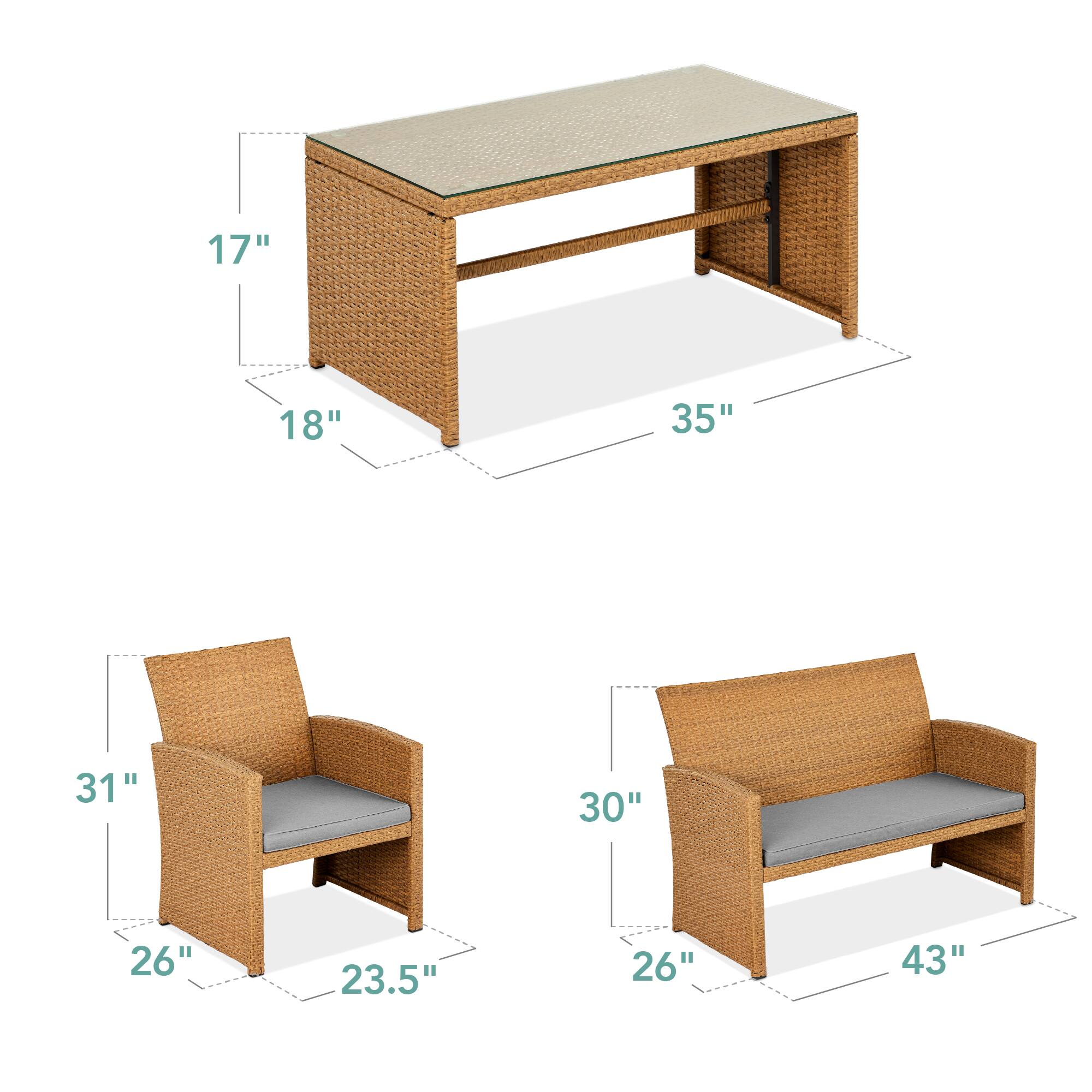 - Table: 17" x 18" x 35"
- Armchair: 31" x 26" x 23.5"
- Sofa: 30" x 26" x 43"