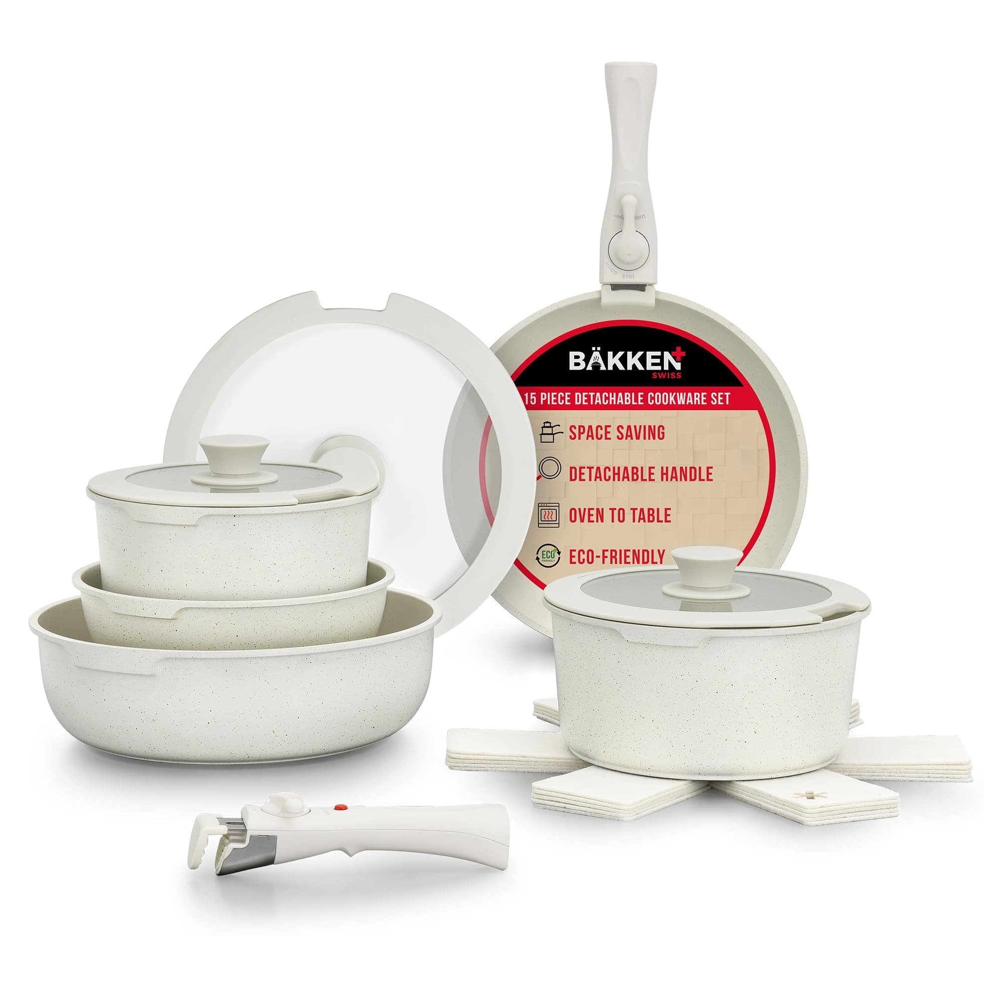 Bakken- Swiss - Pots and Pans Set Non Stick Ceramic-Granite – 15-Piece Cookware with Detachable Handles, Stackable Space-Saving, Dishwas - Cream
