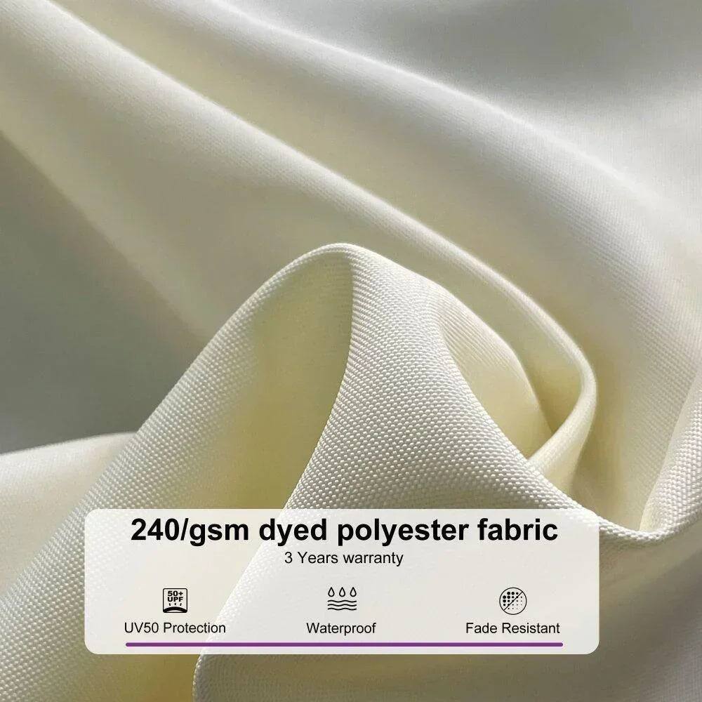 240/gsm dyed polyester fabric  
3 Years warranty  
50+ UFP  
UV50 Protection  
Waterproof  
Fade Resistant