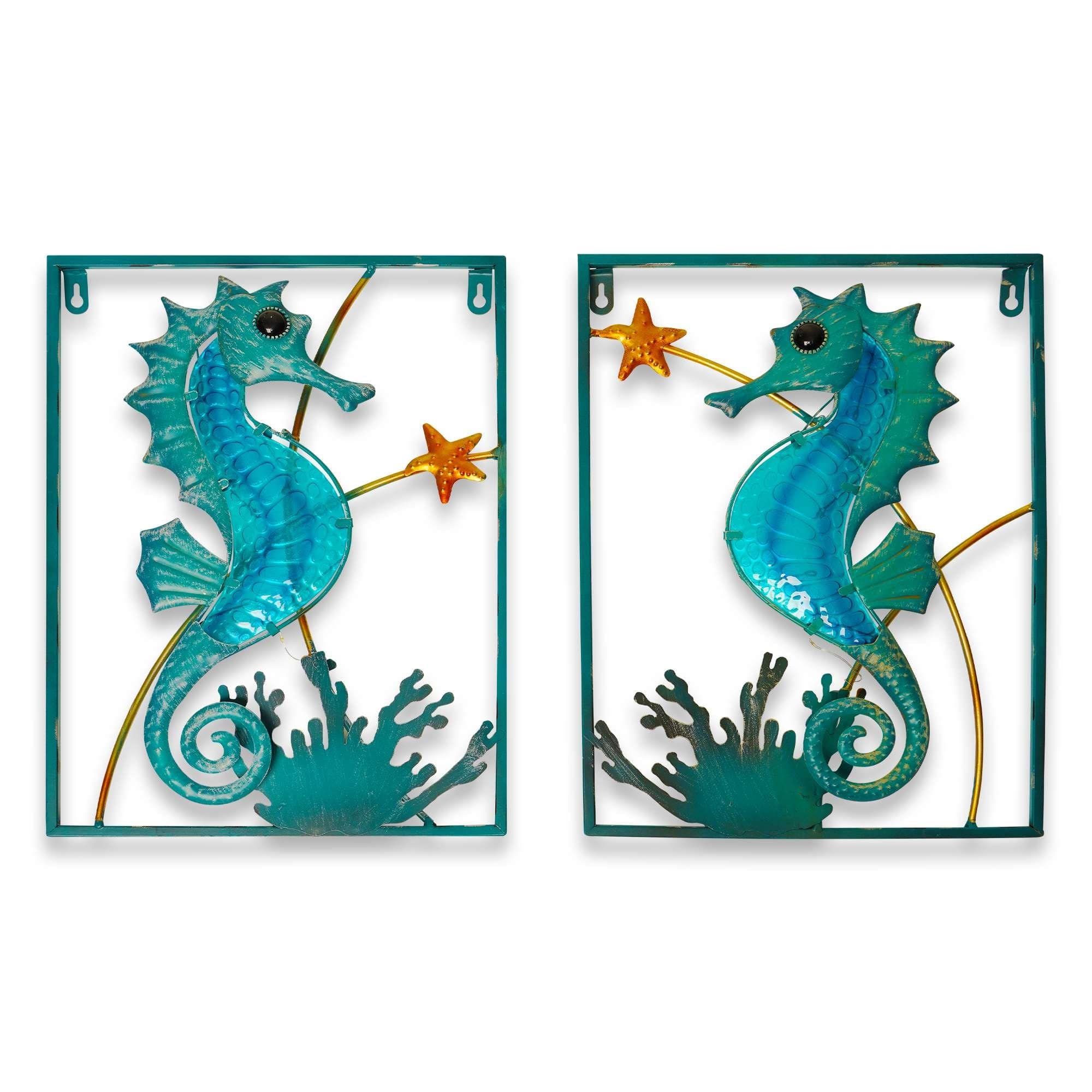 G128 - Seahorse Metal Wall Art Set with LED Lights 16 x 12 in Battery Not Included - Blue
