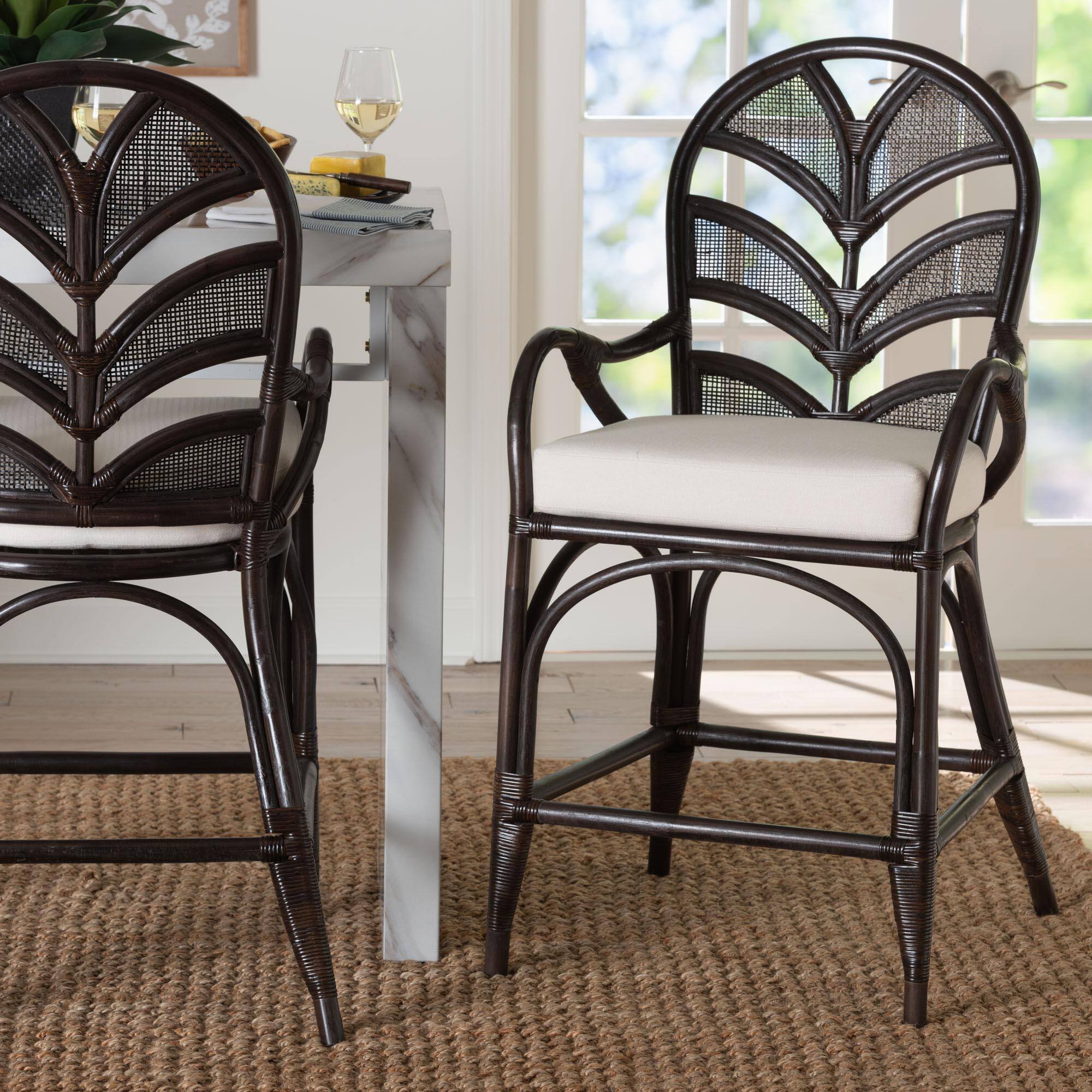 Alt View 4. bali & pari - Niven Natural Rattan Counter Stool with Cushion - Handwoven Wicker Accent Stool with Banana Leaf Backrest Design - Espresso.