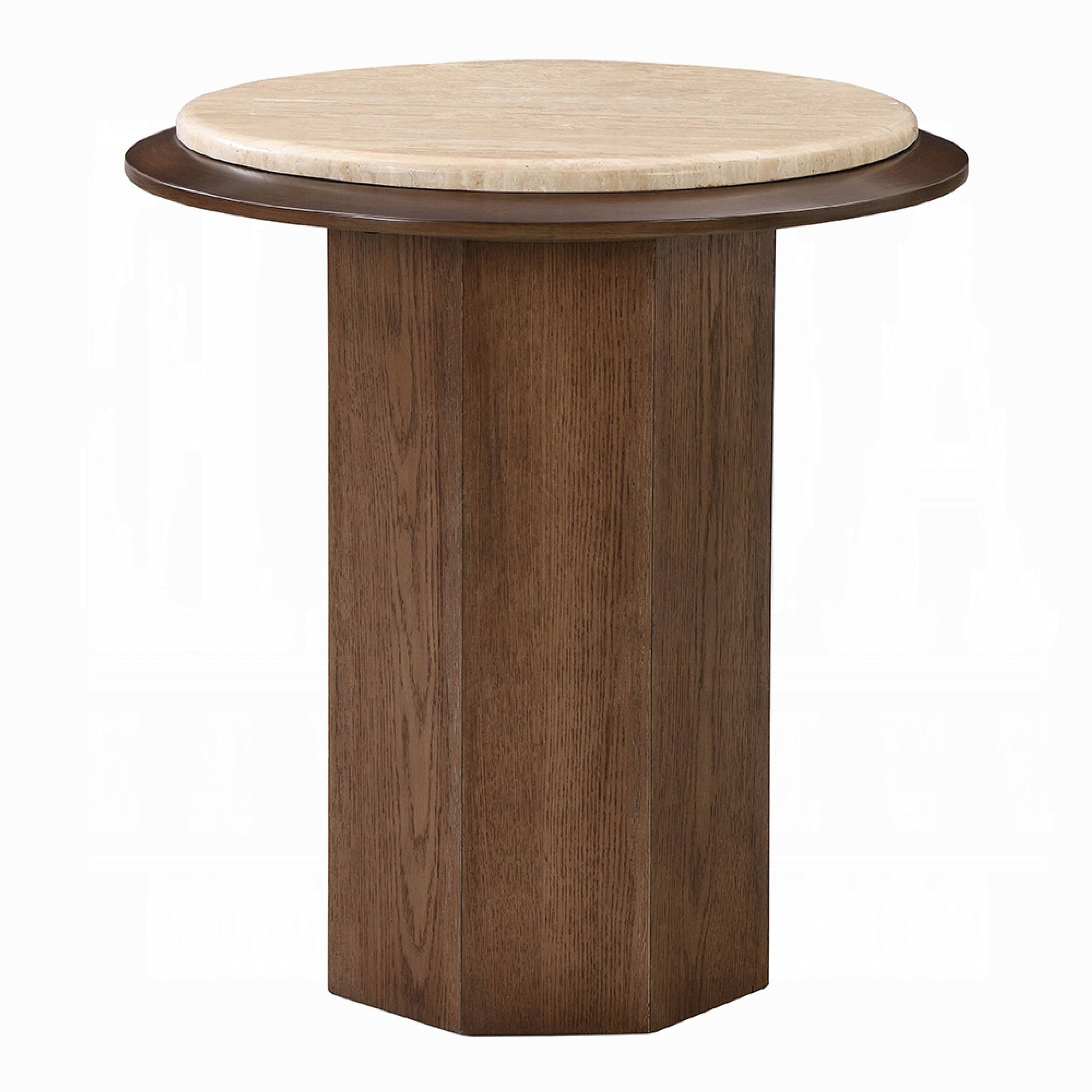 Alt View 2. Manhattan Lane - Pery Side End Table, 22 Inch Beige Travertine Stone Top - Beige, Walnut Brown.