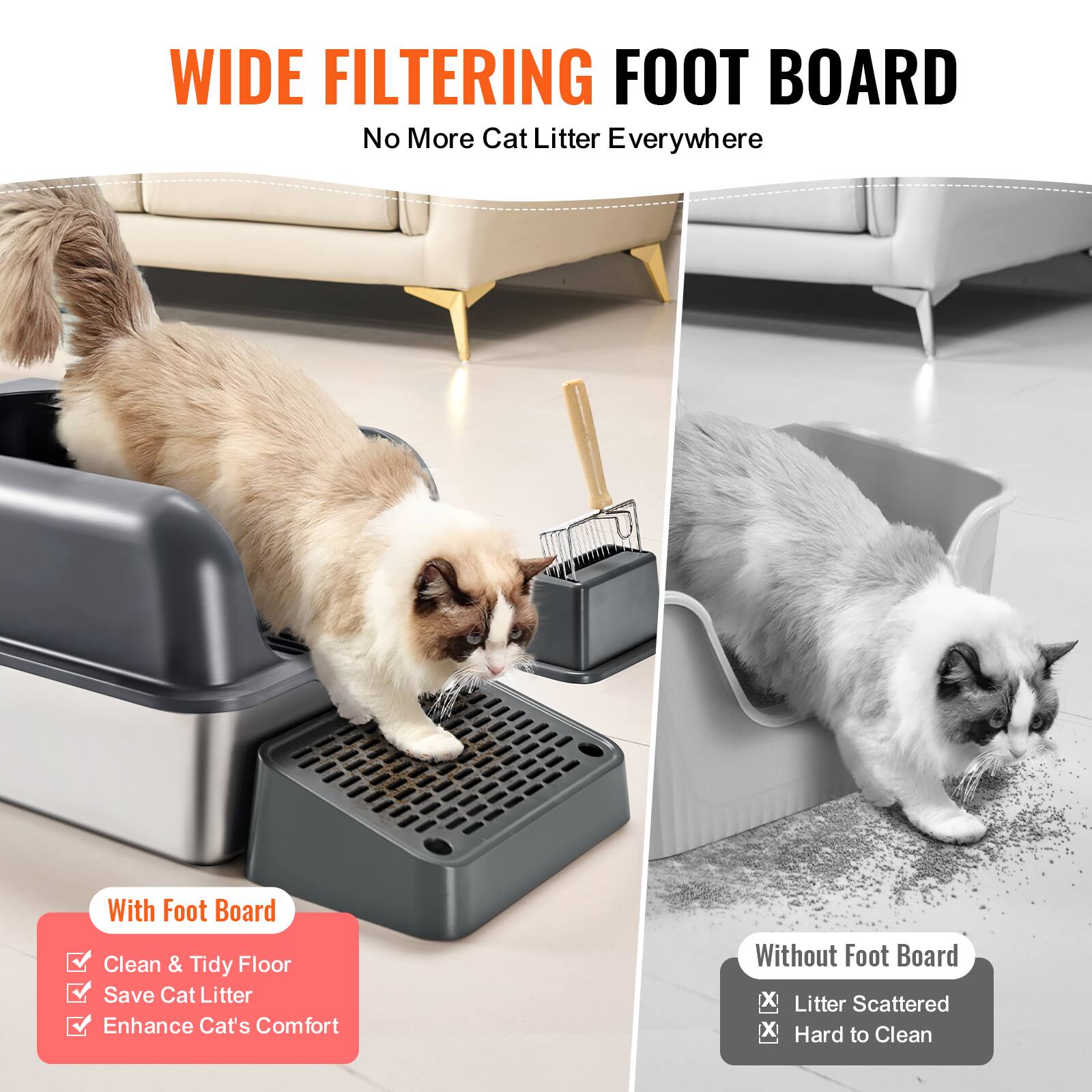 **WIDE FILTERING FOOT BOARD**

No More Cat Litter Everywhere

With Foot Board:
- Clean & Tidy Floor
- Save Cat Litter
- Enhance Cat's Comfort

Without Foot Board:
- Litter Scattered
- Hard to Clean