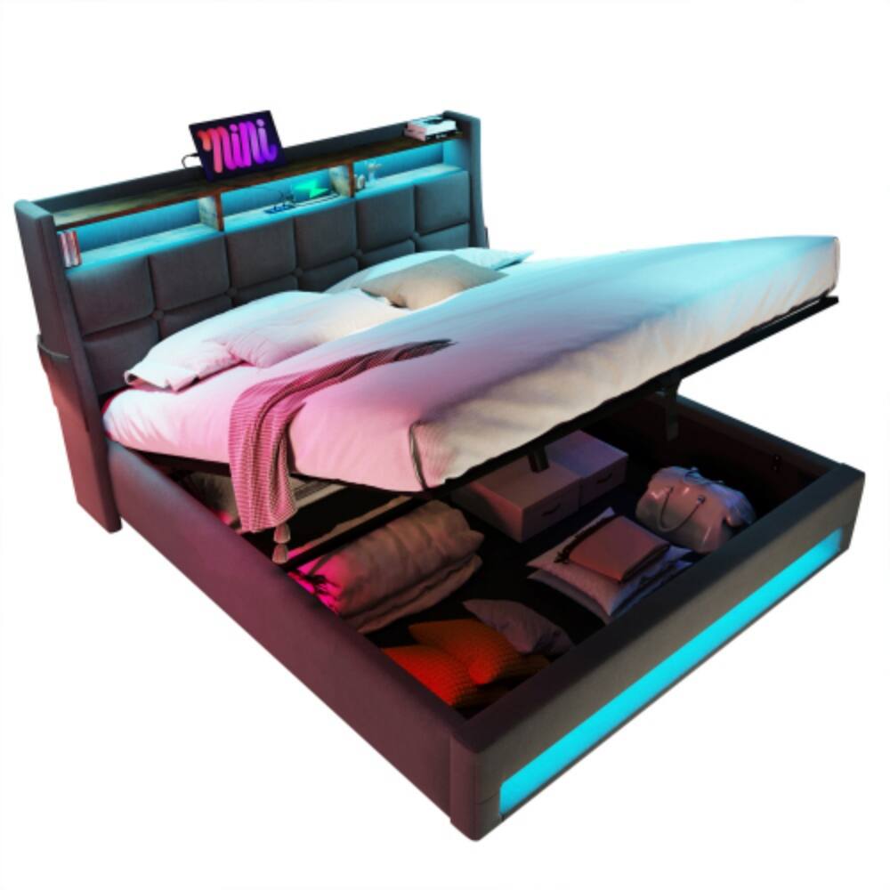 Left. LUCKY ONE - Queen Size Upholstered Platform Bed with Hydraulic Storage, LED Lights, USB Charging Station, No Box Spring Needed - Grey.