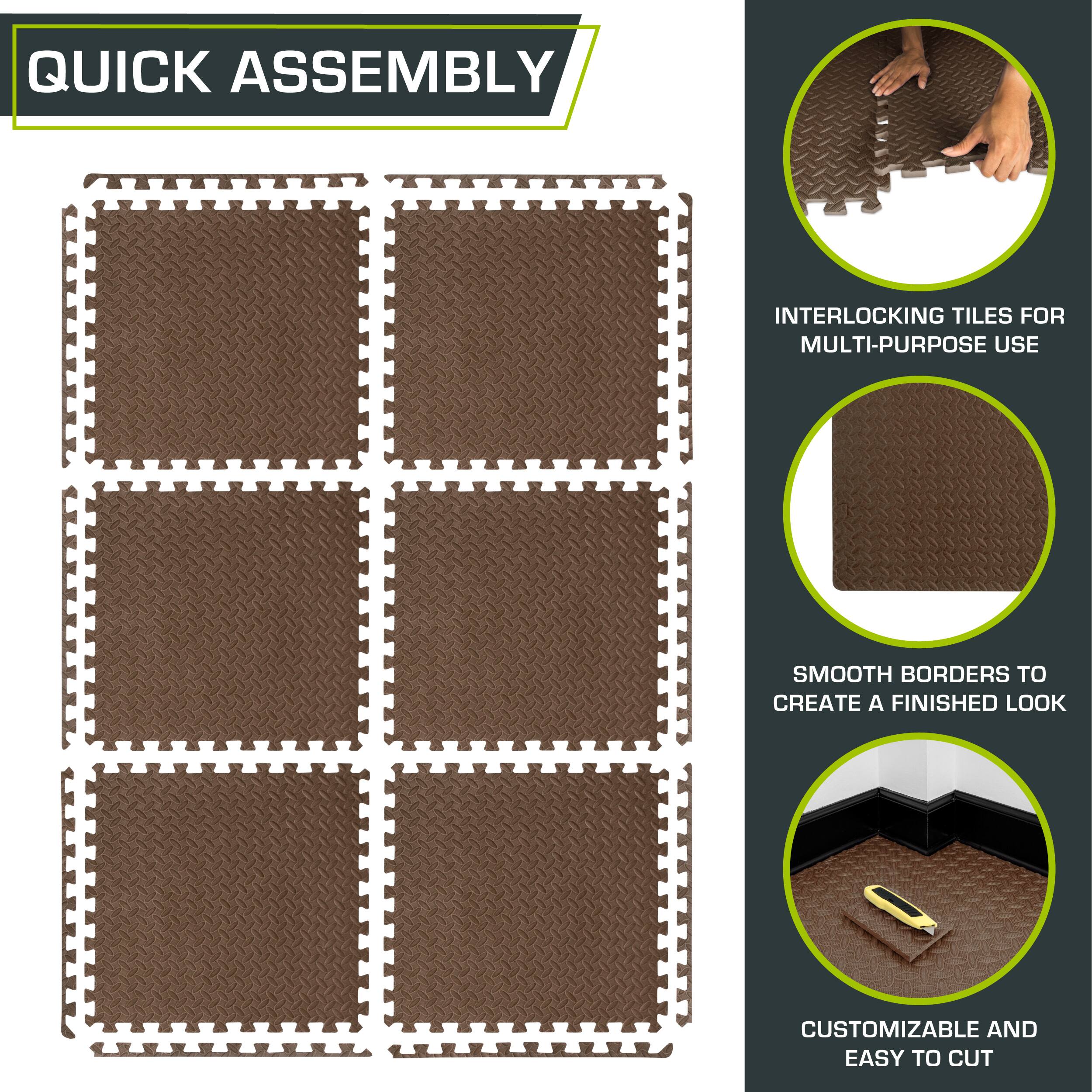 Quick Assembly Interlocking Tiles for Multi-Purpose Use. Create Smooth, Customizable, Finished Borders and Look. Easy to Cut.