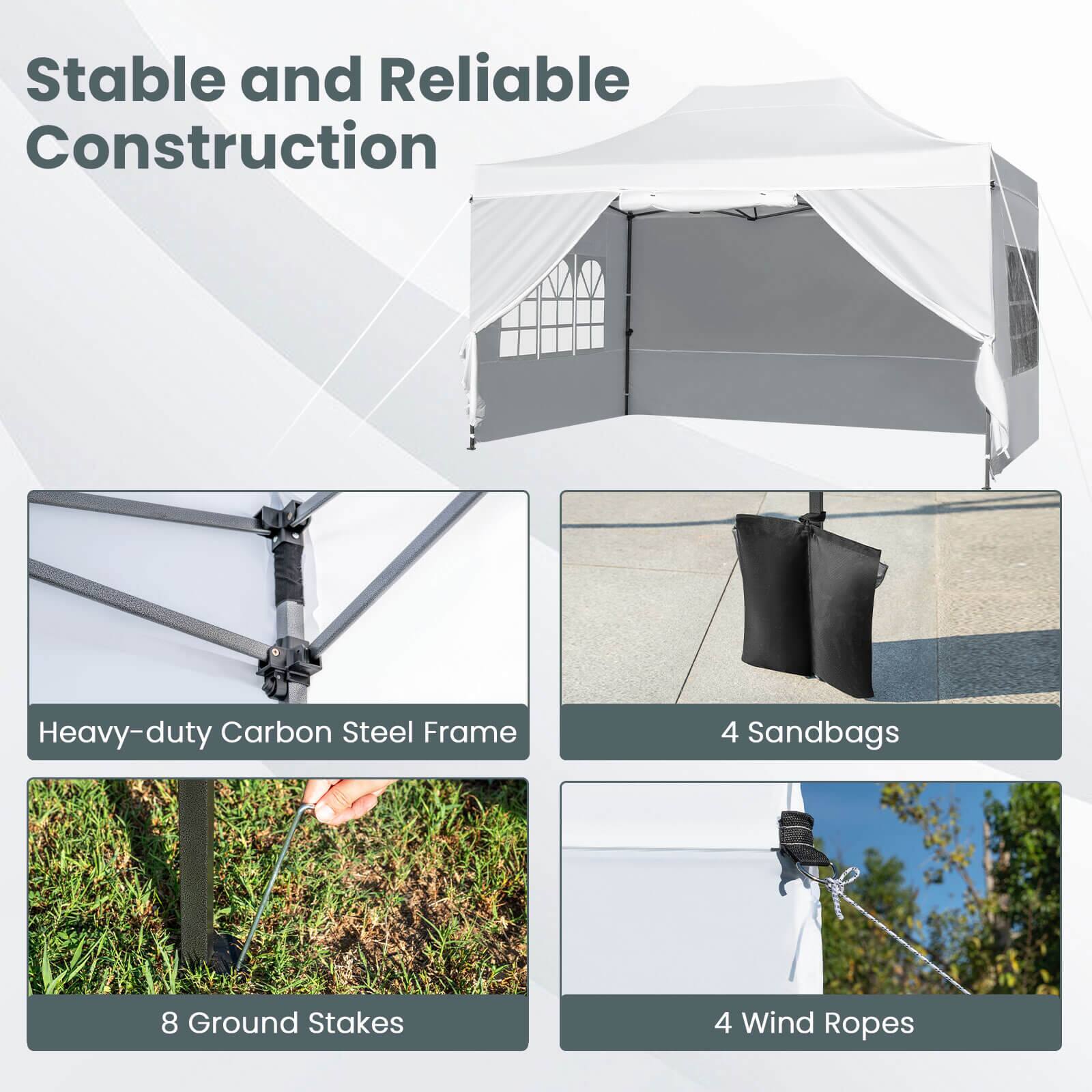 Stable and Reliable Construction

- Heavy-duty Carbon Steel Frame
- 4 Sandbags
- 8 Ground Stakes
- 4 Wind Ropes