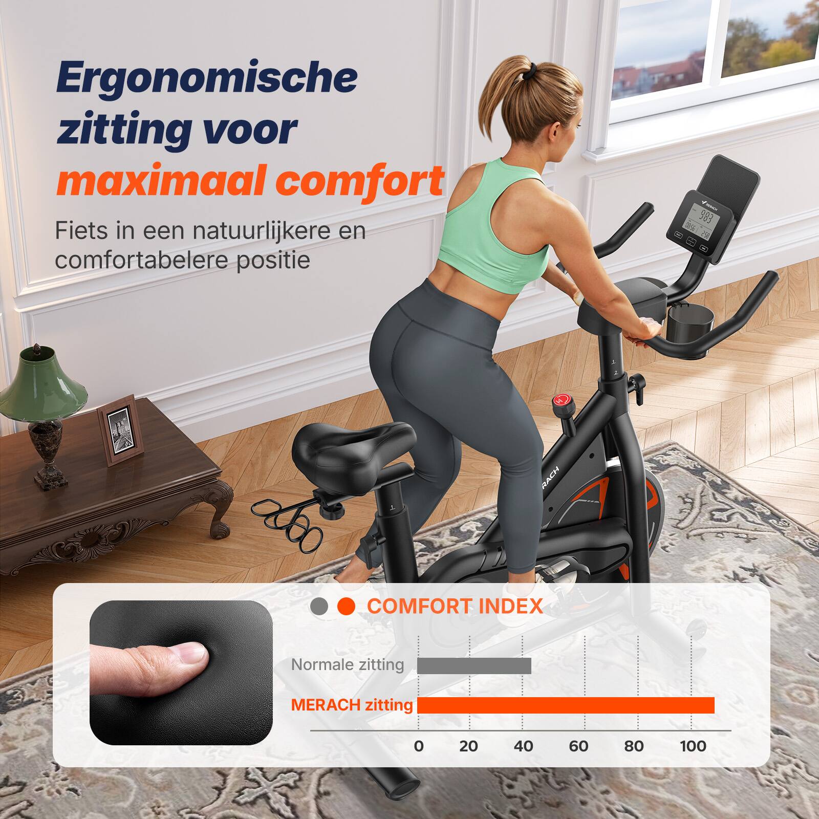 Ergonomische zitting voor maximaal comfort  
Fiets in een natuurlijkere en comfortabelere positie

COMFORT INDEX  
Normale zitting  
MERACH zitting

0 20 40 60 80 100