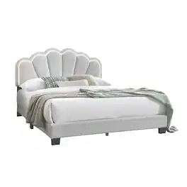 Manhattan Lane - Madsy Full Bed, White Upholstered Fan-Shaped Headboard, Metallic Accents - White, Black