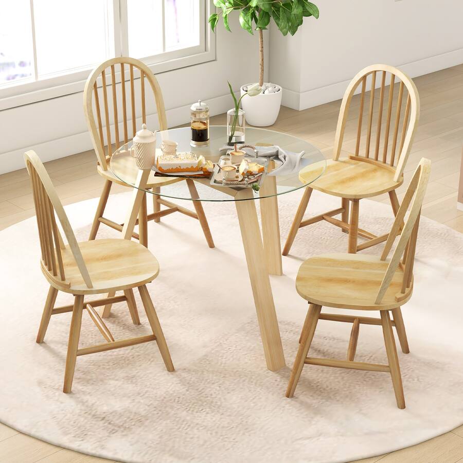 Gymax 5 PCS Dining Set for 4 Round Table w/ 4 Chairs Solid Rubber Wood ...