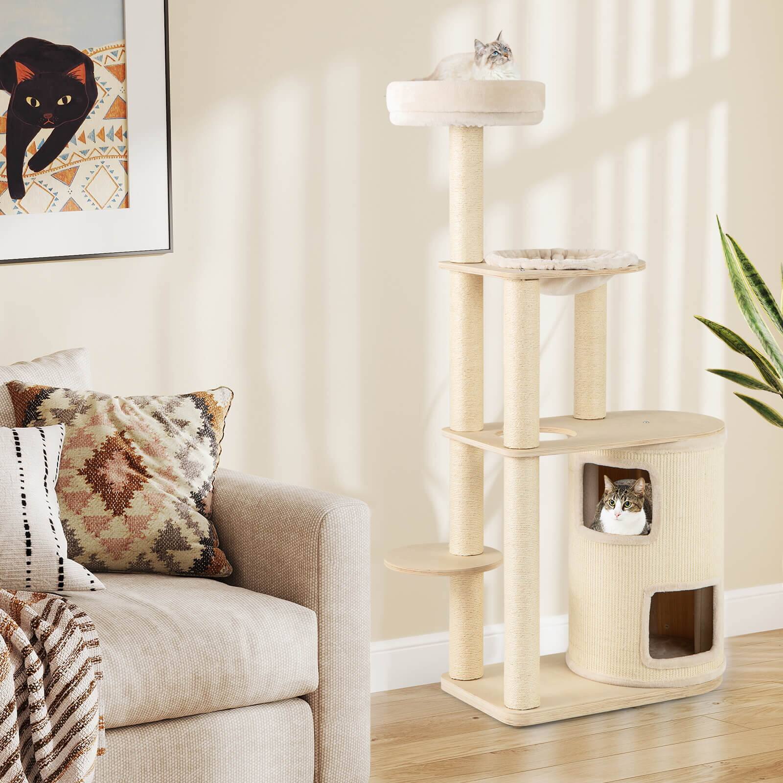 Alt View 3. Costway - Costway Wooden Cat Tree 6-Level Cat Scratching Stand with 2-Story Cat Condo Modern Cat Furniture - Natural,White.