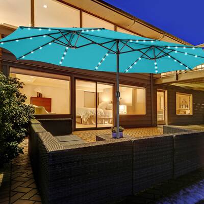 48 patio umbrella 15 Feet Twin with Solar LED Lights-Beige Transform your outdoor space into a comfortable oasis with this premium 15 ft x 9 ft extra 15FT Double Patio Umbrella 48
