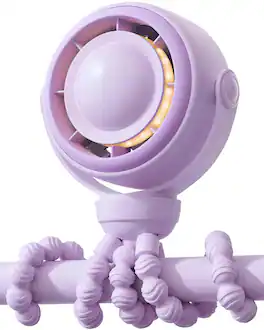 PRIMEPLUS - Baby Stroller Fan 4000mAh 4-Speed Quiet LED/Night Light Mini Safe 360° Clip On for Car Seat Crib Travel - Purple