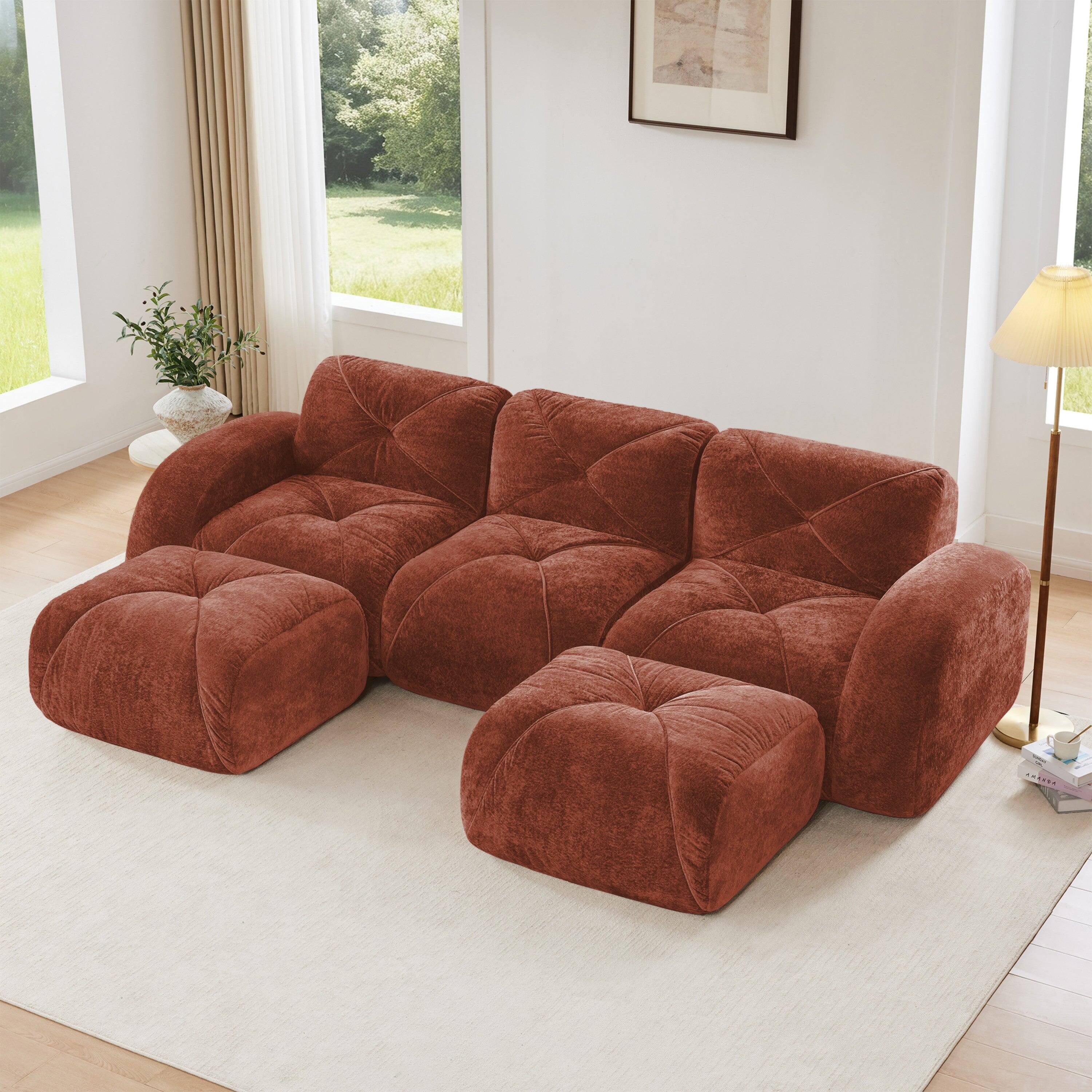 Alt View 3. Boyel Living - U Shaped Velvet Tufted Sofa Movable Ottomans 32D High Density Sponge Anti Slip Free Combo Study Theater Red - Red.