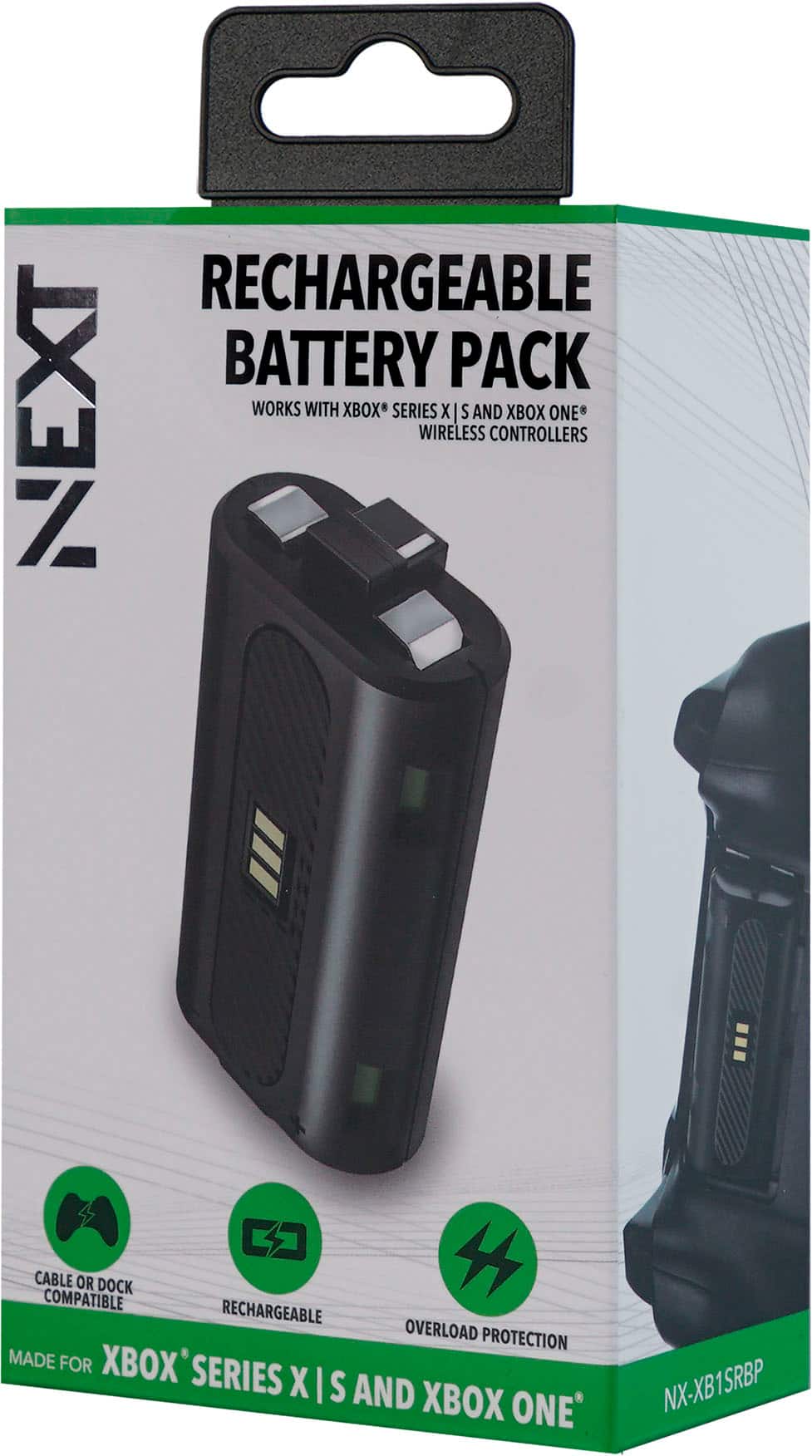 RECHARGEABLE BATTERY PACK NEXT WORKS WITH XBOX SERIES X I S AND XBOX ONE WIRELESS CONTROLLERS C CABLE OR DOCK COMPATIBLE RECHARGEABLE OVERLOAD PROTECTION MADE FOR XBOX SERIES X I S AND XBOX ONE NX-XB1SRBP