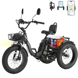 Syedee - Electric Tricycle for Adults, 750W(Peak 1350W) Motor, 48V13Ah Battery, 20"x4" Folding Fat Tire 3-Wheel Electric Trike - Black
