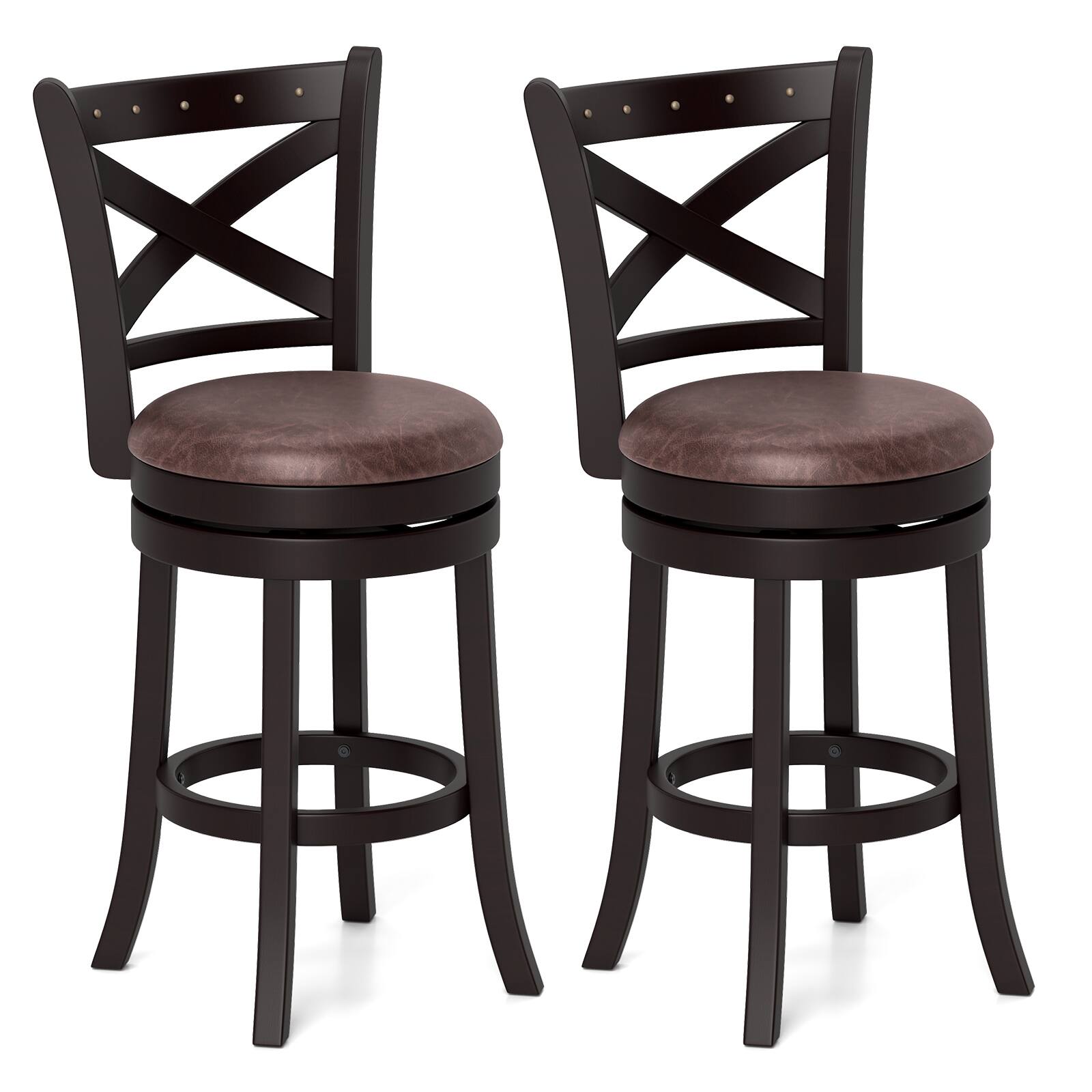 Alt View 9. Gymax - Gymax 26'' Swivel Bar Stools Set of 4 Footrest & Rubber Wood Frame for Kitchen Island - Coffee, Brown.