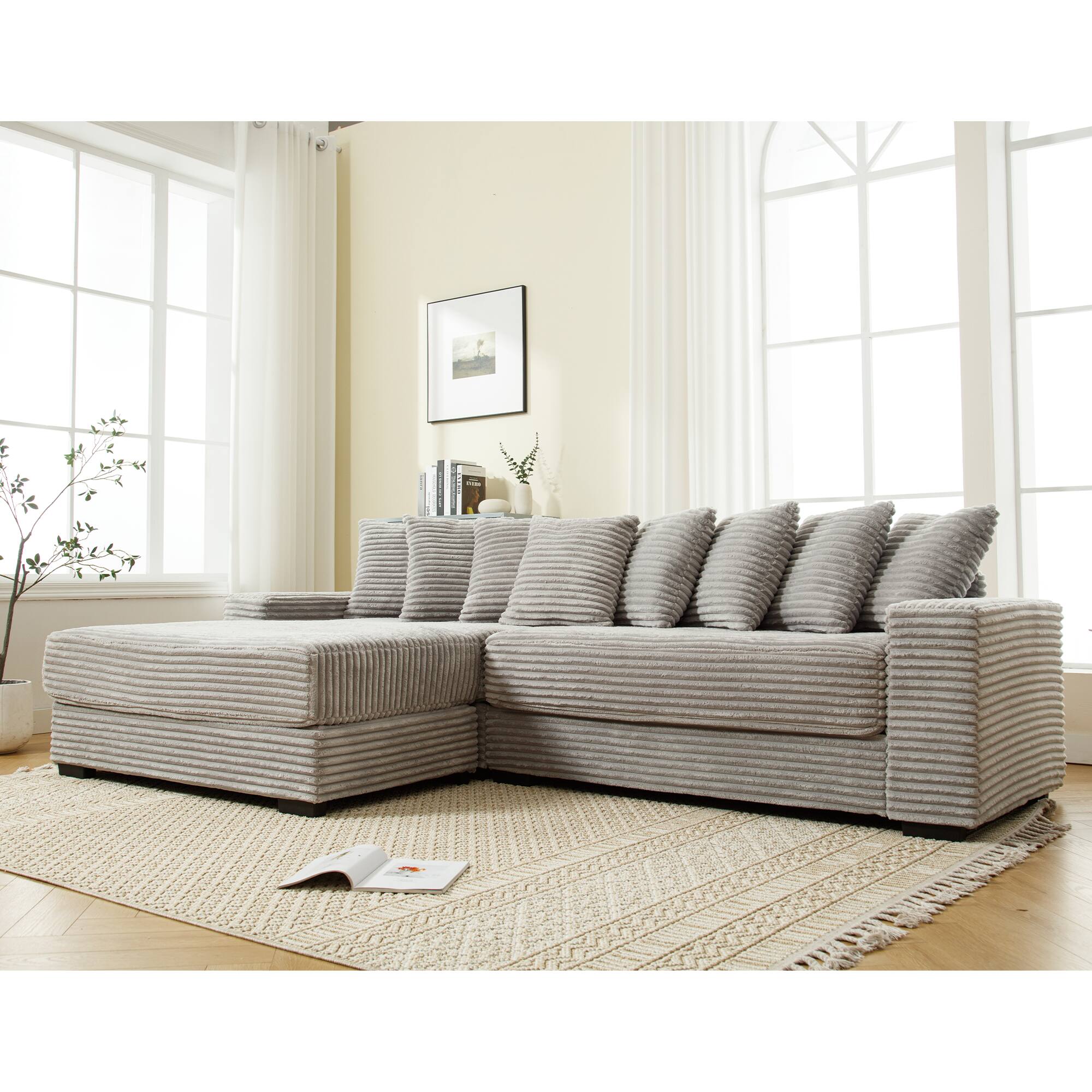 Alt View 1. Tiramisubest - Oversized Two-Piece Couches,L Shaped Sofa,Corduroy,Left Chaise Daybed with Armrests,Eight Throw Pillows,Gray - Gray.
