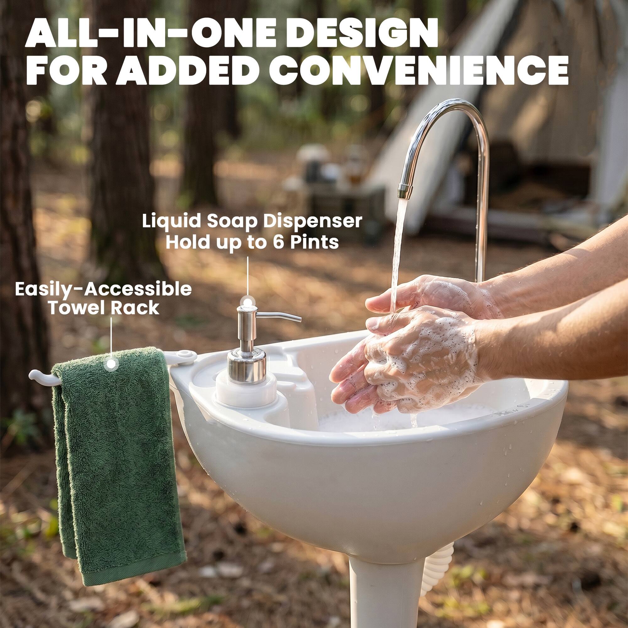 ALL-IN-ONE DESIGN FOR ADDED CONVENIENCE

Liquid Soap Dispenser
Hold up to 6 Pints

Easily-Accessible Towel Rack
