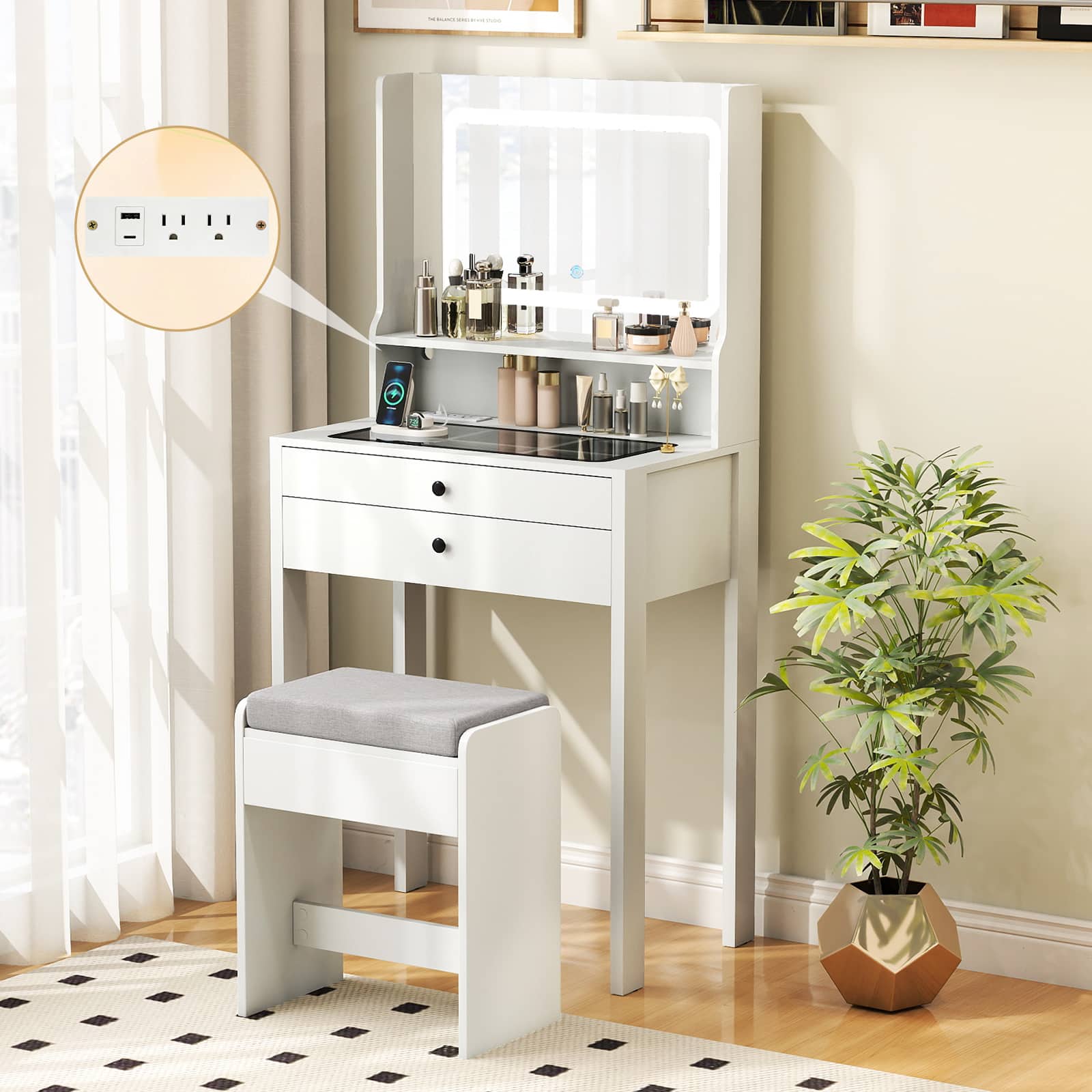 Gymax Small Vanity Desk w/Mirror Lights Charging Station Glass Top
