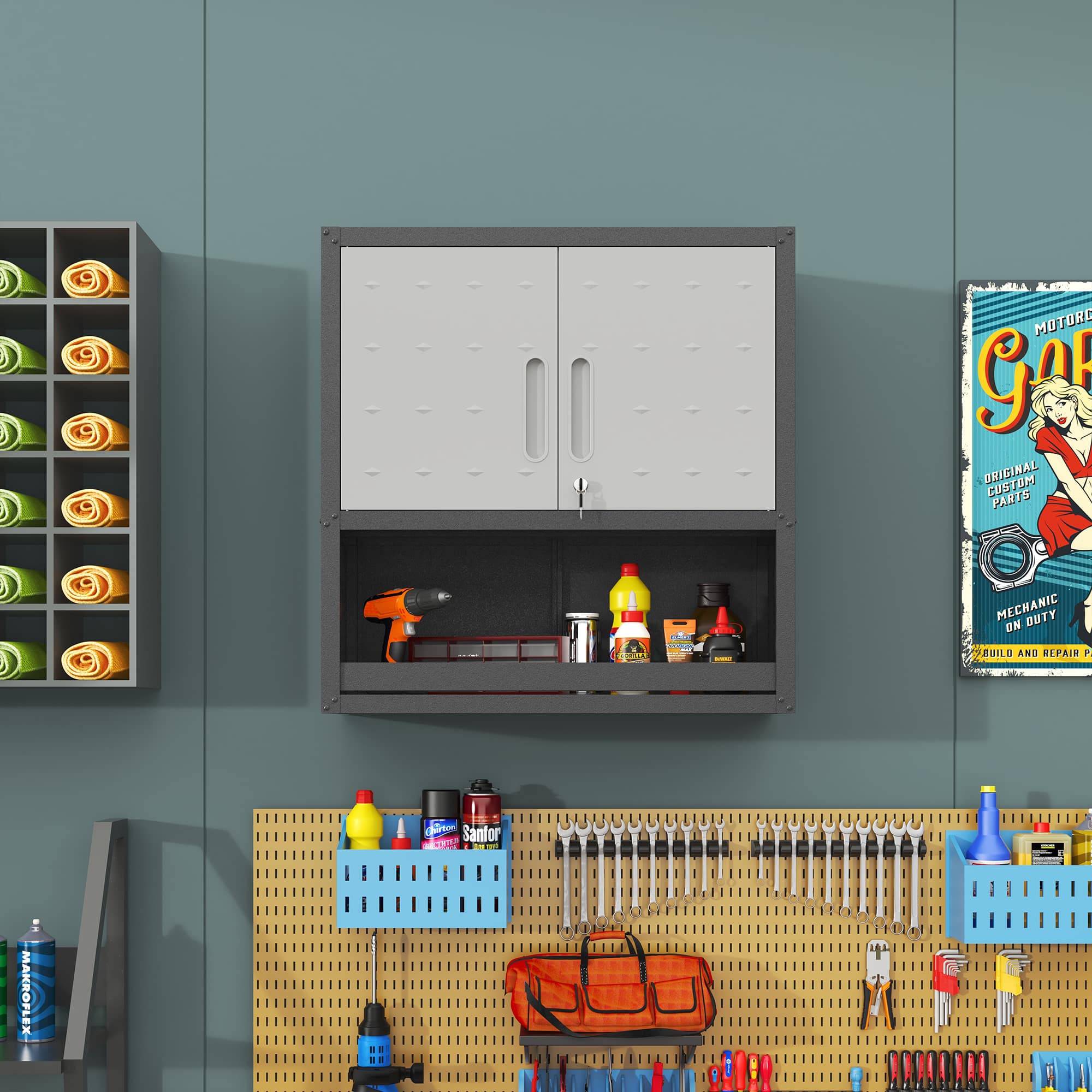 Anysun - 2-Lockable-Door Metal Wall-Mounted Tool Storage Cabinet with Open Drawer, Assembly Required - Gray