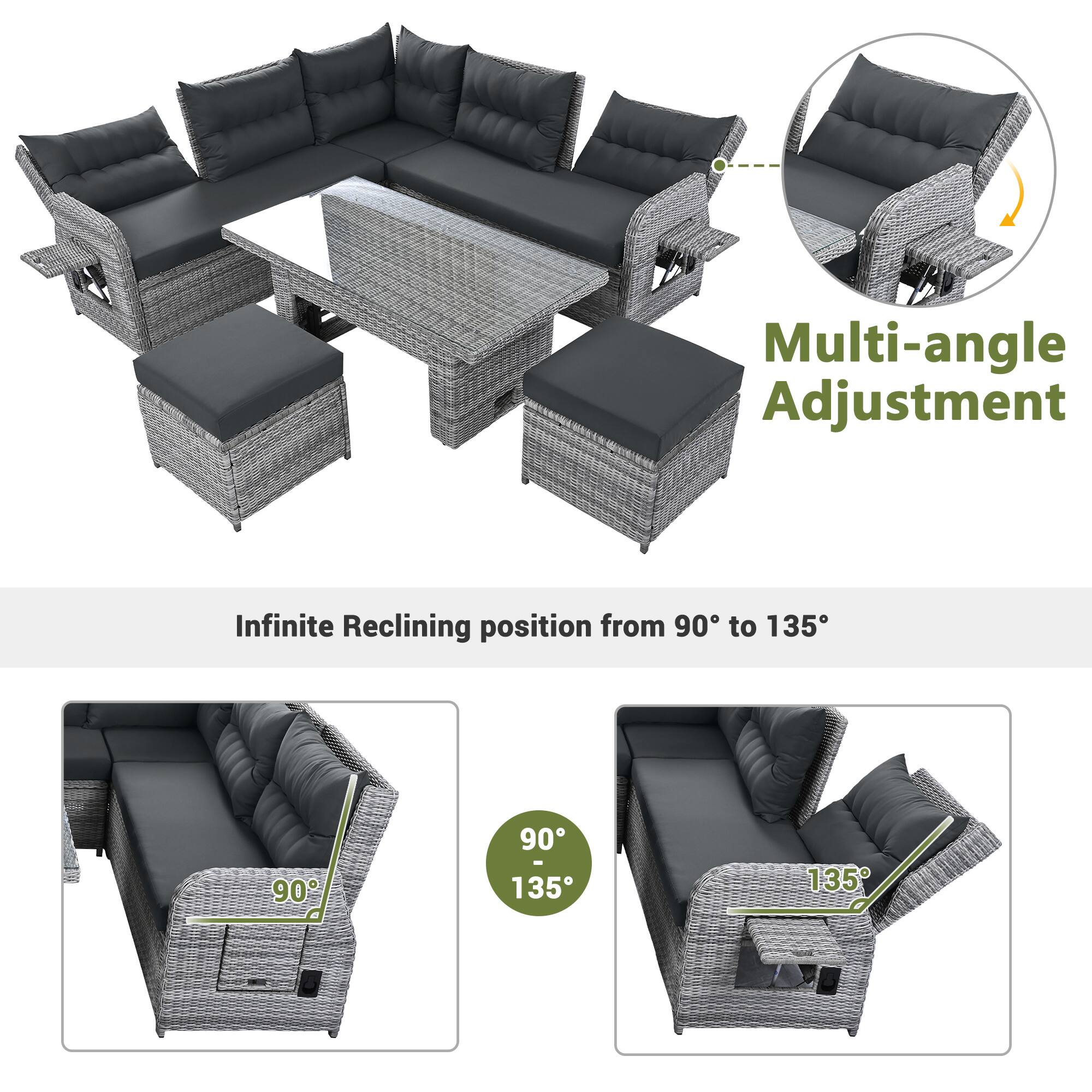 Multi-angle Adjustment  
Infinite Reclining position from 90° to 135°