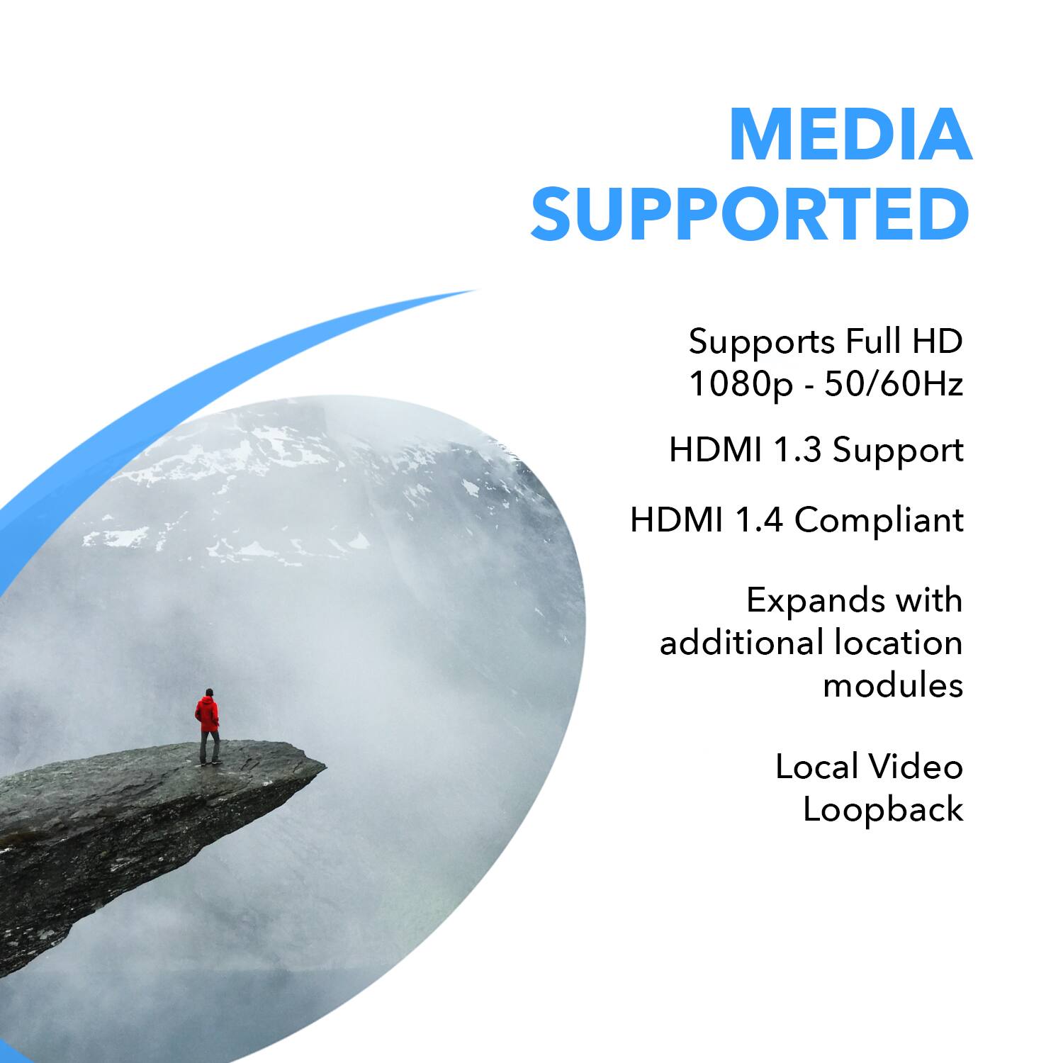 MEDIA SUPPORTED

- Supports Full HD 1080p - 50/60Hz
- HDMI 1.3 Support
- HDMI 1.4 Compliant
- Expands with additional location modules
- Local Video Loopback