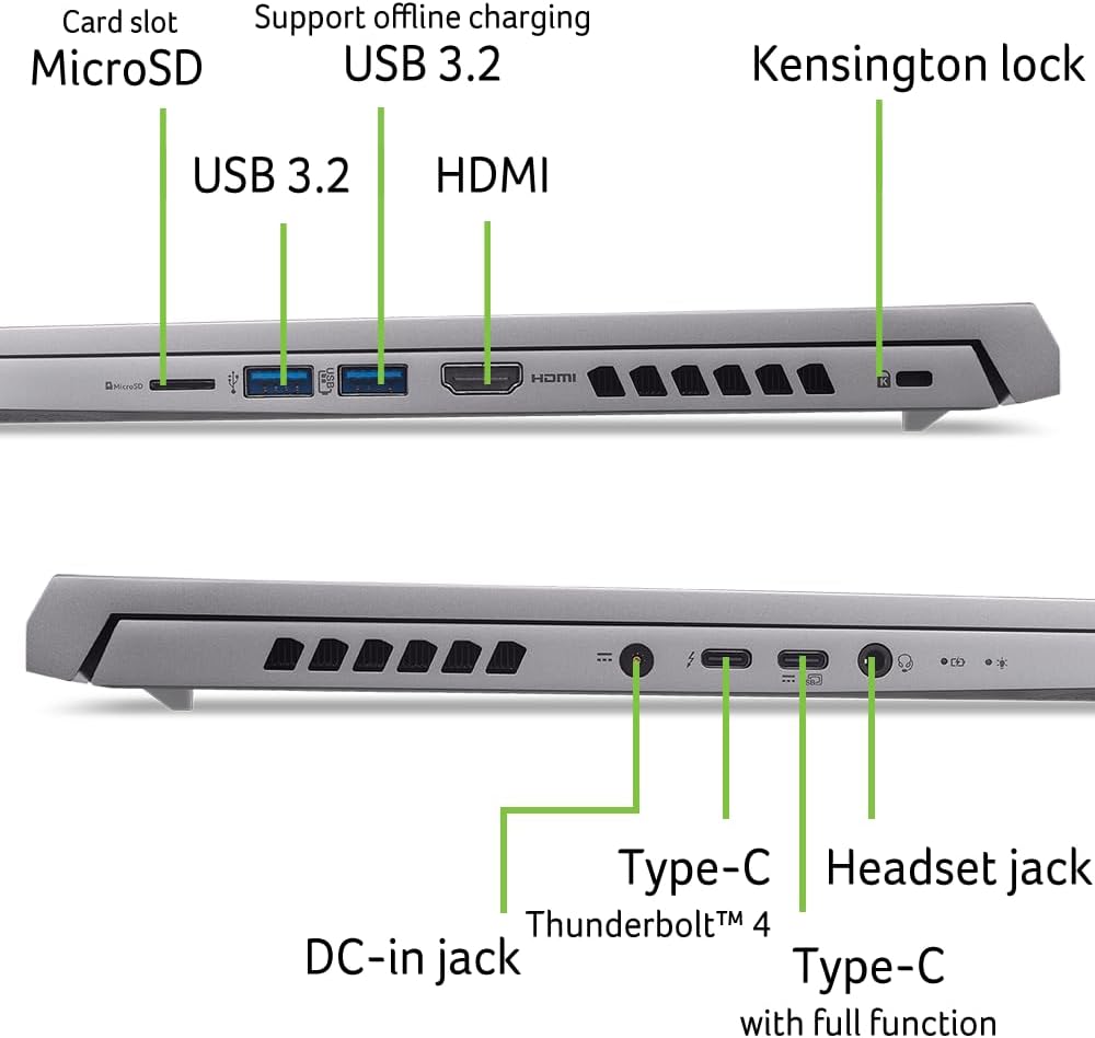 - Card slot MicroSD
- USB 3.2
- HDMI
- Kensington lock
- Support offline charging USB 3.2
- Type-C Thunderbolt™ 4
- Headset jack
- Type-C with full function
- DC-in jack