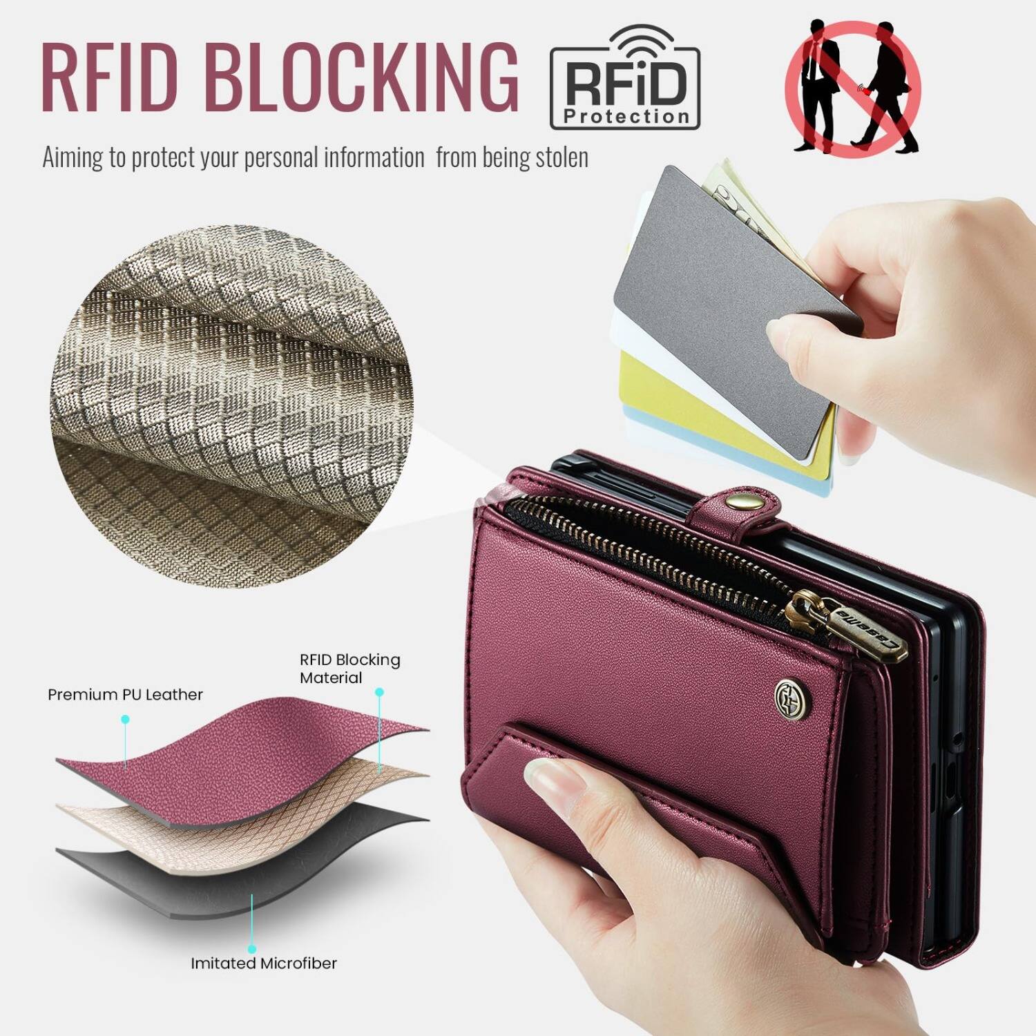 RFID BLOCKING  
Aiming to protect your personal information from being stolen

RFiD Protection

Premium PU Leather  
RFID Blocking Material  
Imitated Microfiber