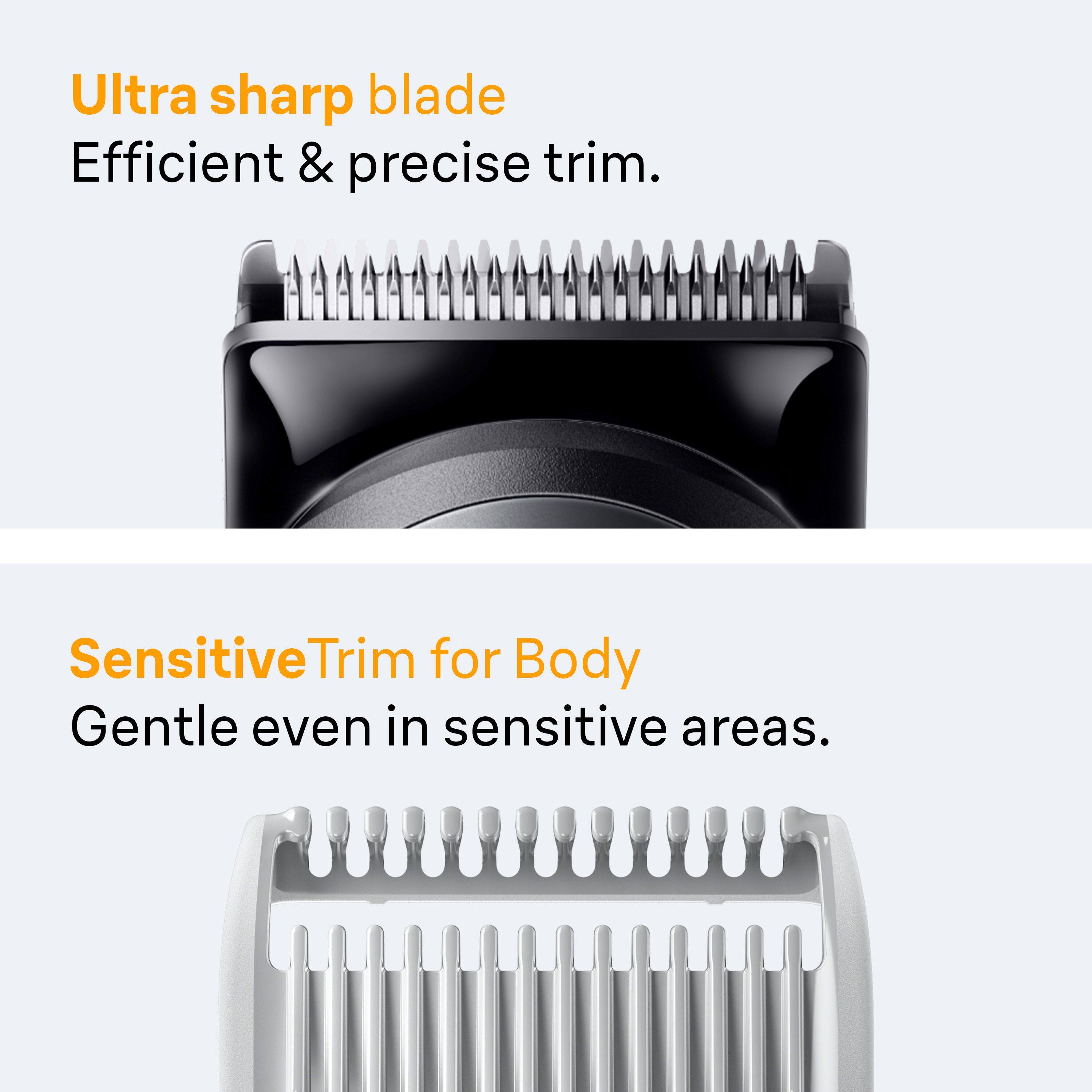 Ultra sharp blade  
Efficient & precise trim.

SensitiveTrim for Body  
Gentle even in sensitive areas.