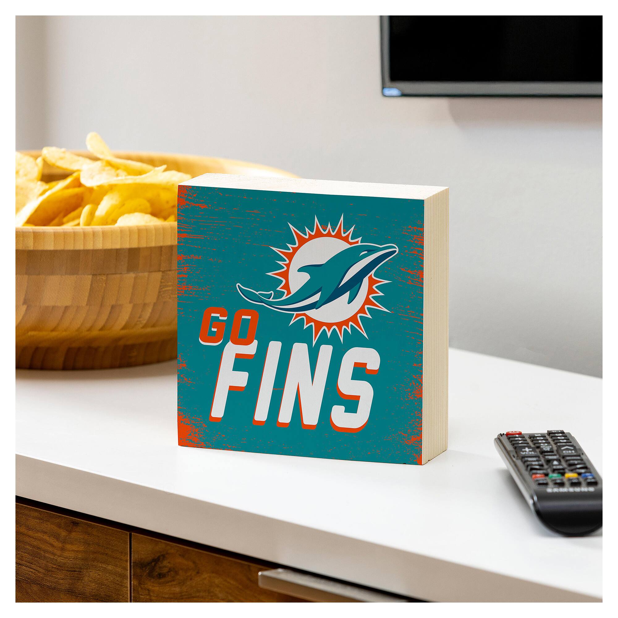 Alt View 2. Evergreen Enterprises - Miami Dolphins 6" Square Fan Chant Wood Block Shelf Sign - Multicolor.